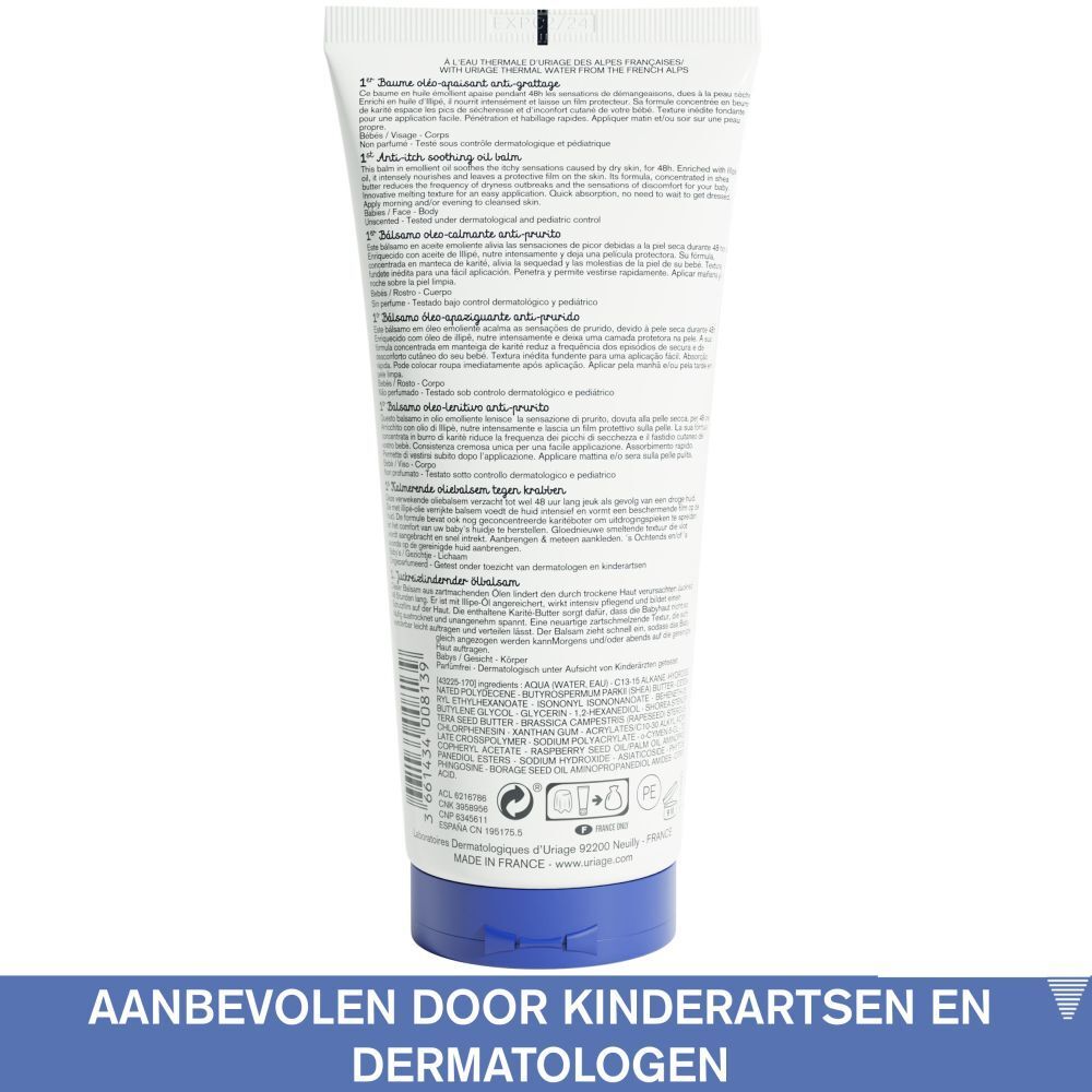 Achterkant van de Uriage Bébé Xémose olie-balsem. Nederlandse tekst: aanbevolen door kinderartsen.