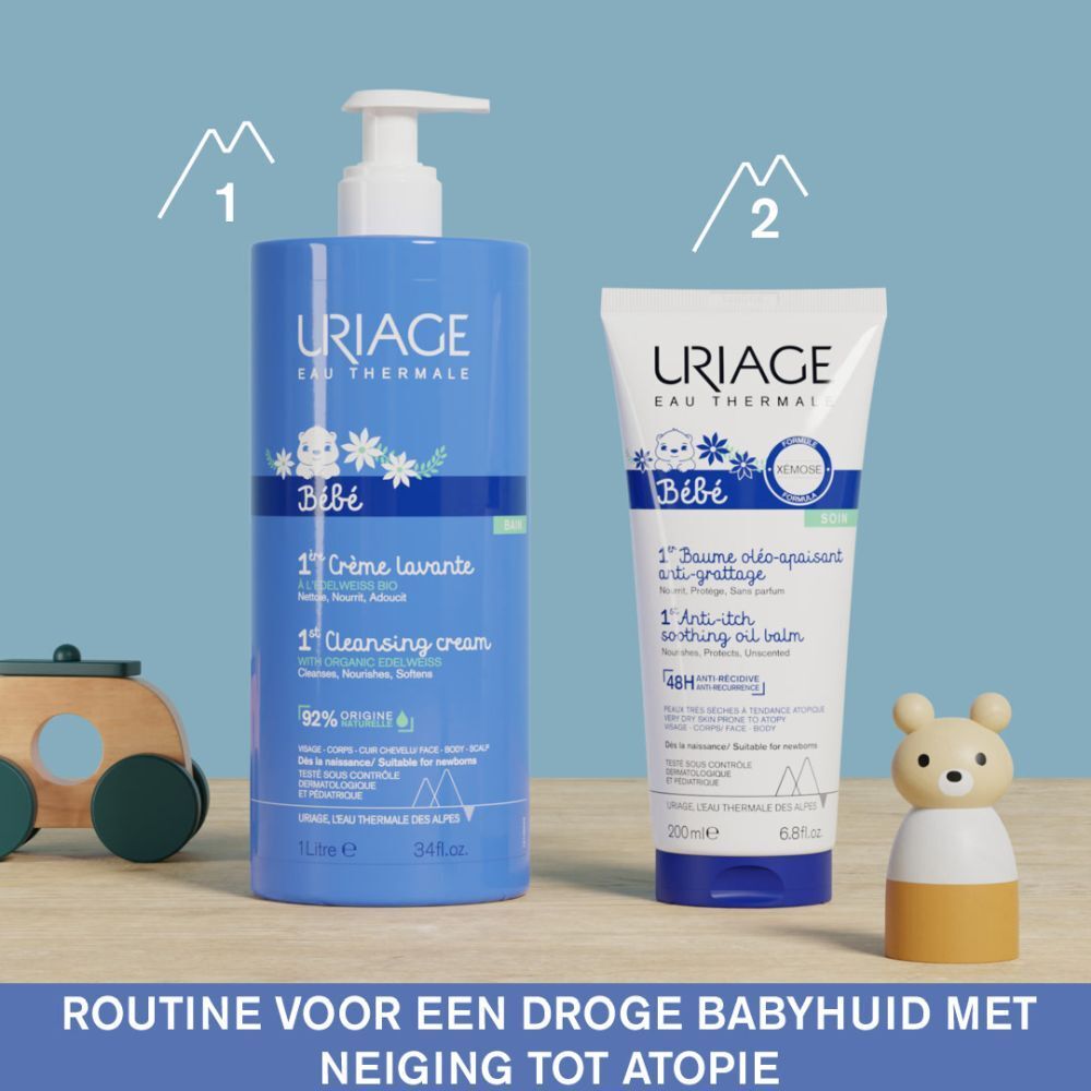 Twee producten: Uriage Bébé Crème lavante en Xémose olie-balsem. Nederlandse tekst.