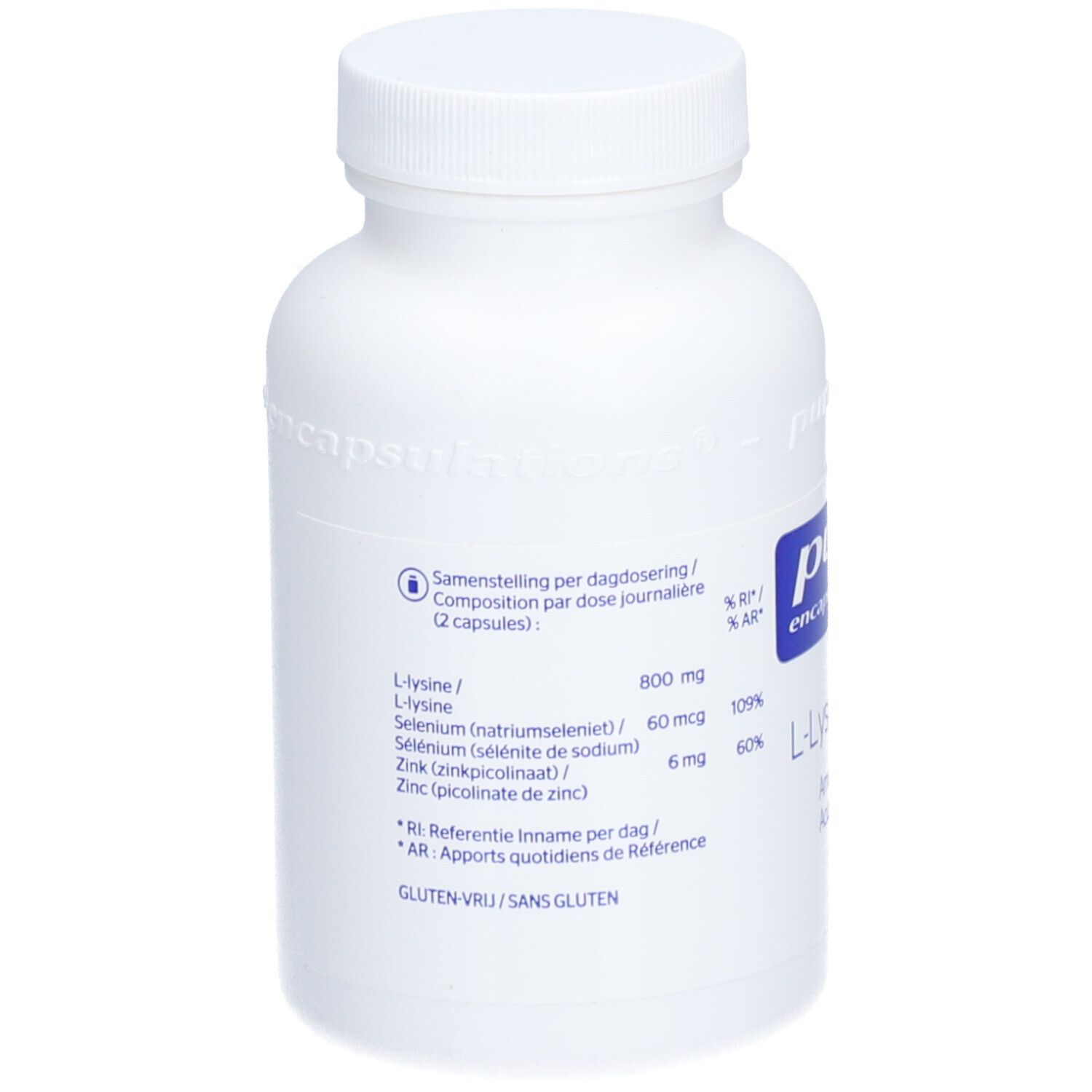 Flacon blanc avec étiquette bleue. Ingrédients : L-Lysine, Sélénium, Zinc. Sans gluten.