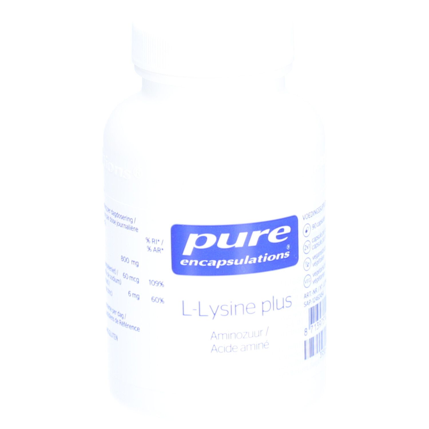 Flacon blanc avec étiquette bleue. Inscription : Pure Encapsulations L-Lysine plus. Acide aminé.
