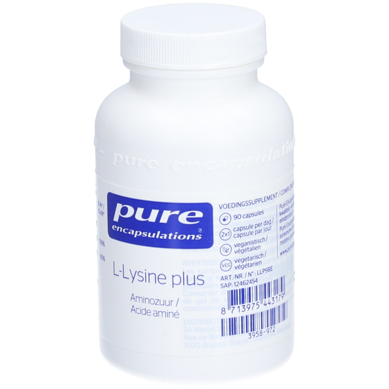 Flacon blanc avec étiquette bleue. Inscription : Pure Encapsulations L-Lysine plus. 90 gélules.
