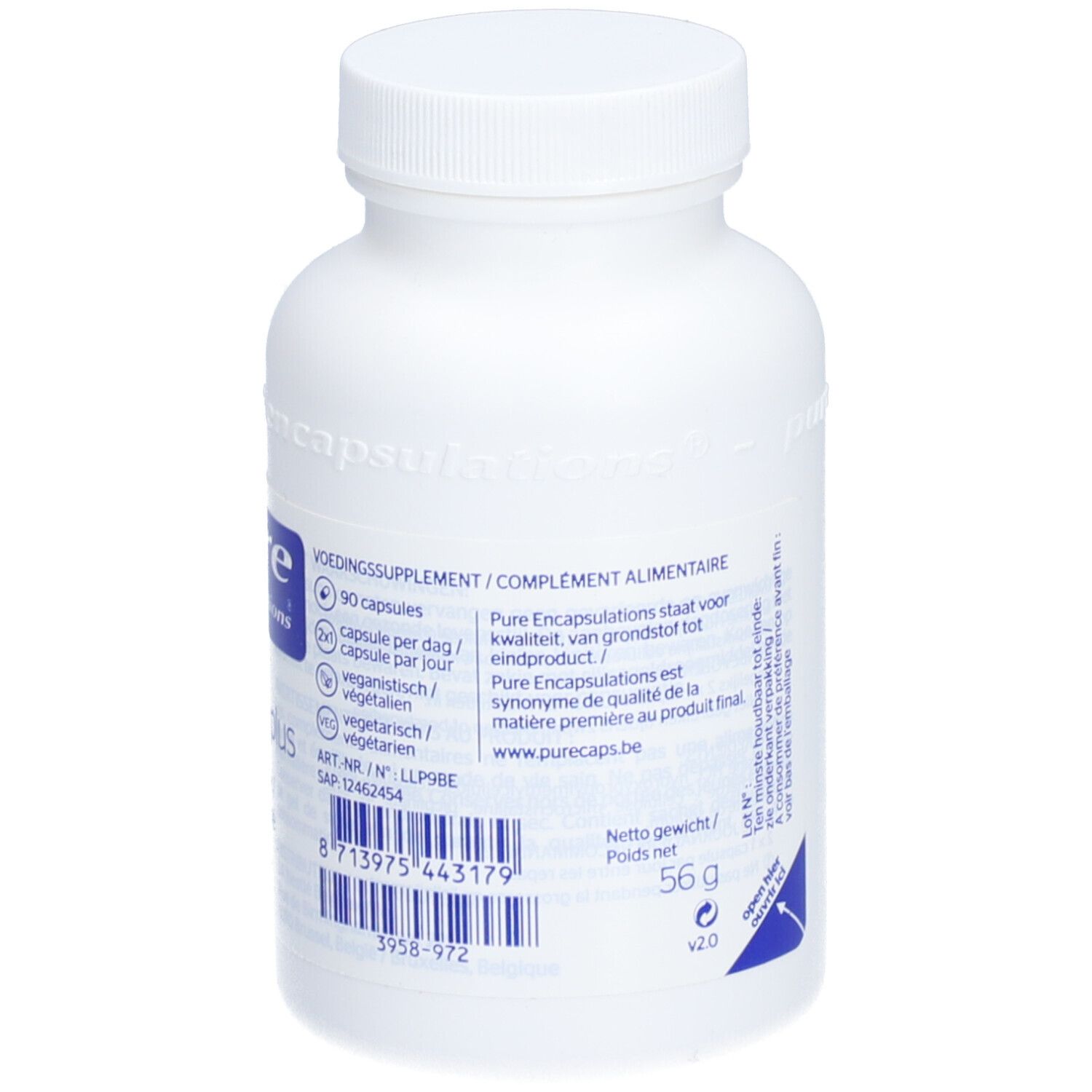 Flacon blanc avec informations. 90 gélules. Poids : 56g. Vegan.