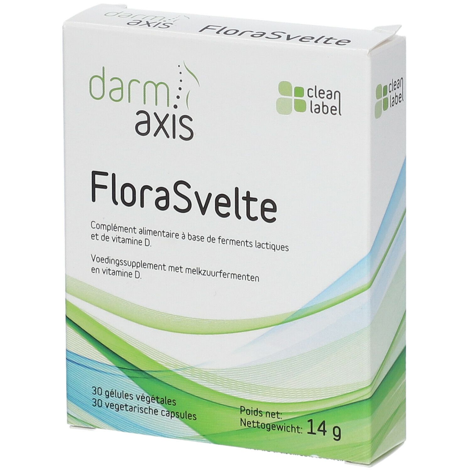 Boîte de FloraSvelte. Contient 30 gélules végétales. Inscriptions: Darm Axis, Clean Label.
