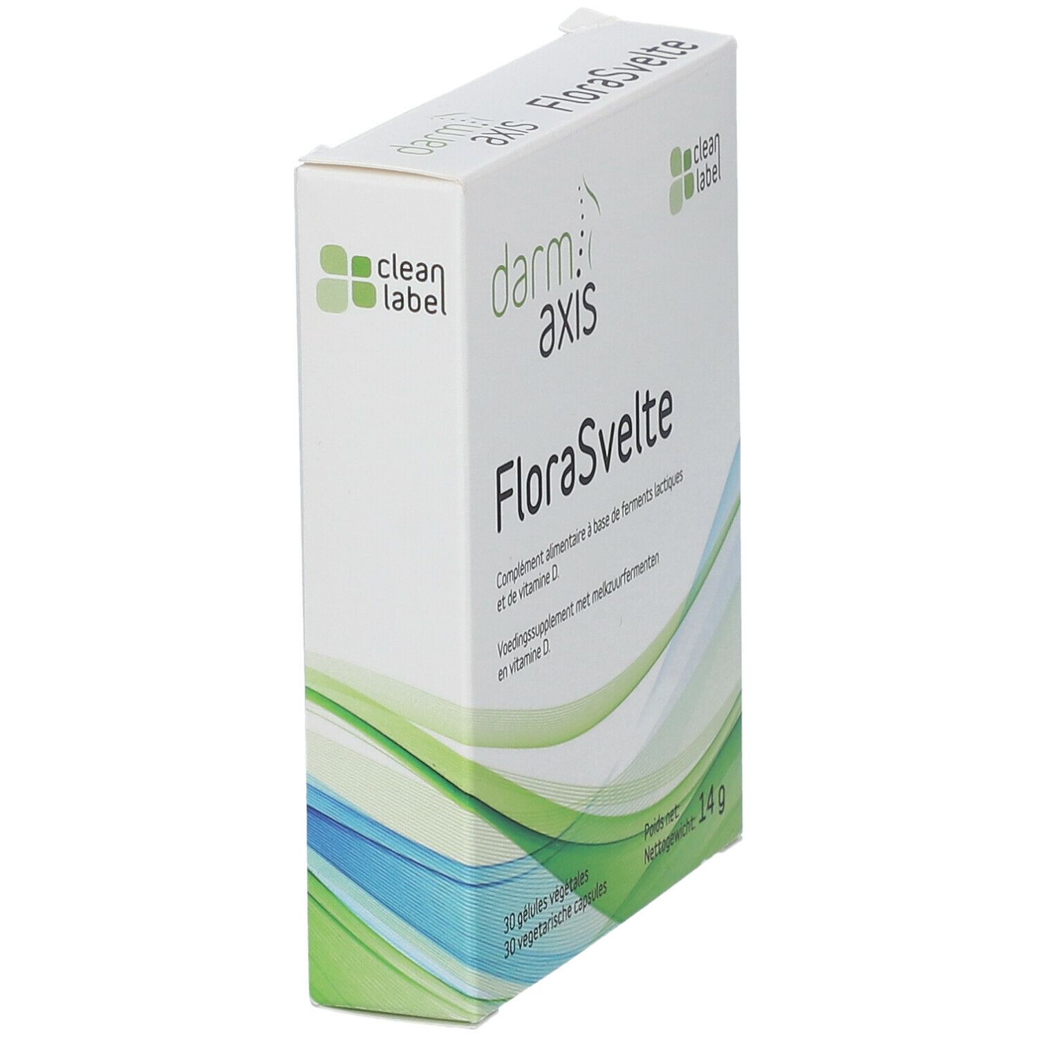 Boîte de FloraSvelte en biais. Inscriptions: Darm Axis, Clean Label. Contient 30 gélules.
