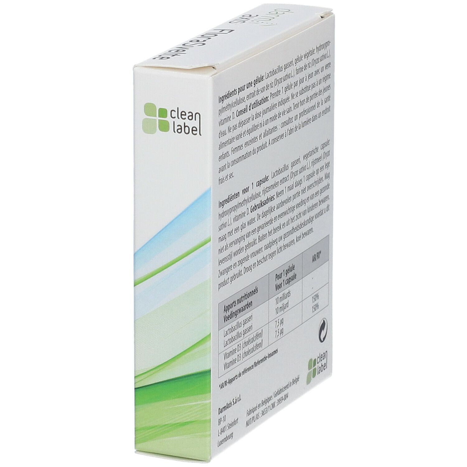 Dos de la boîte FloraSvelte. Informations sur les ingrédients et valeurs nutritionnelles. Inscription: Clean Label.