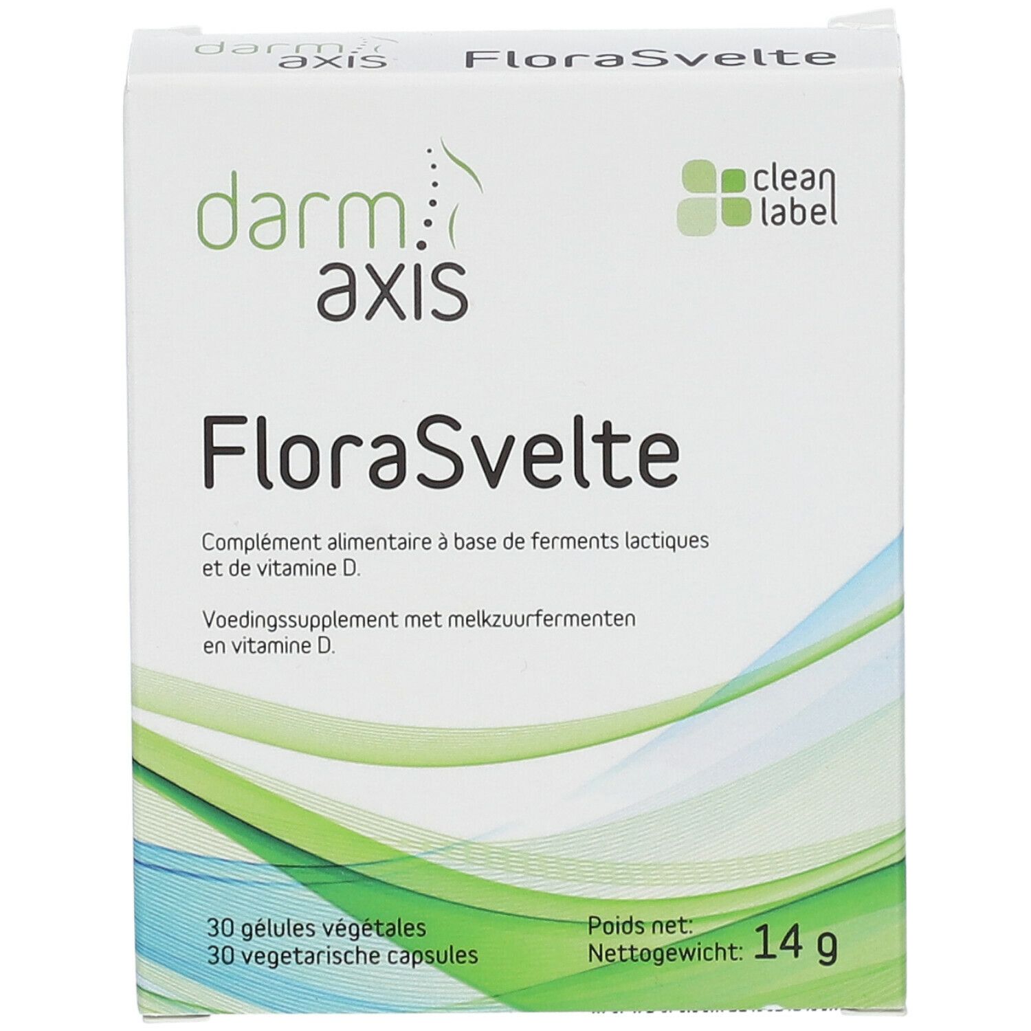 Boîte de FloraSvelte. Contient 30 gélules végétales. Inscriptions: Darm Axis, Clean Label.