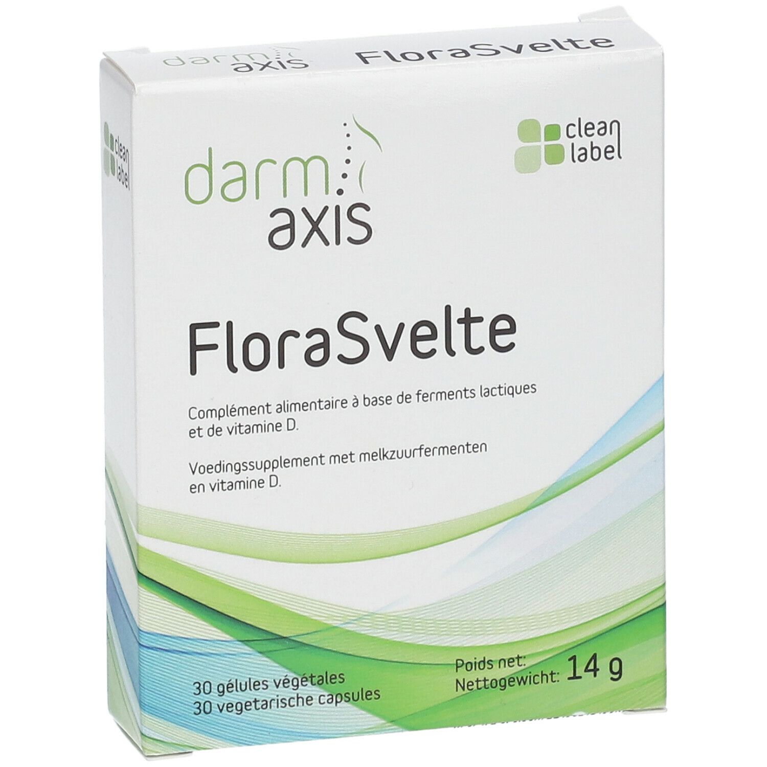 Boîte de FloraSvelte. Contient 30 gélules végétales. Inscriptions: Darm Axis, Clean Label.