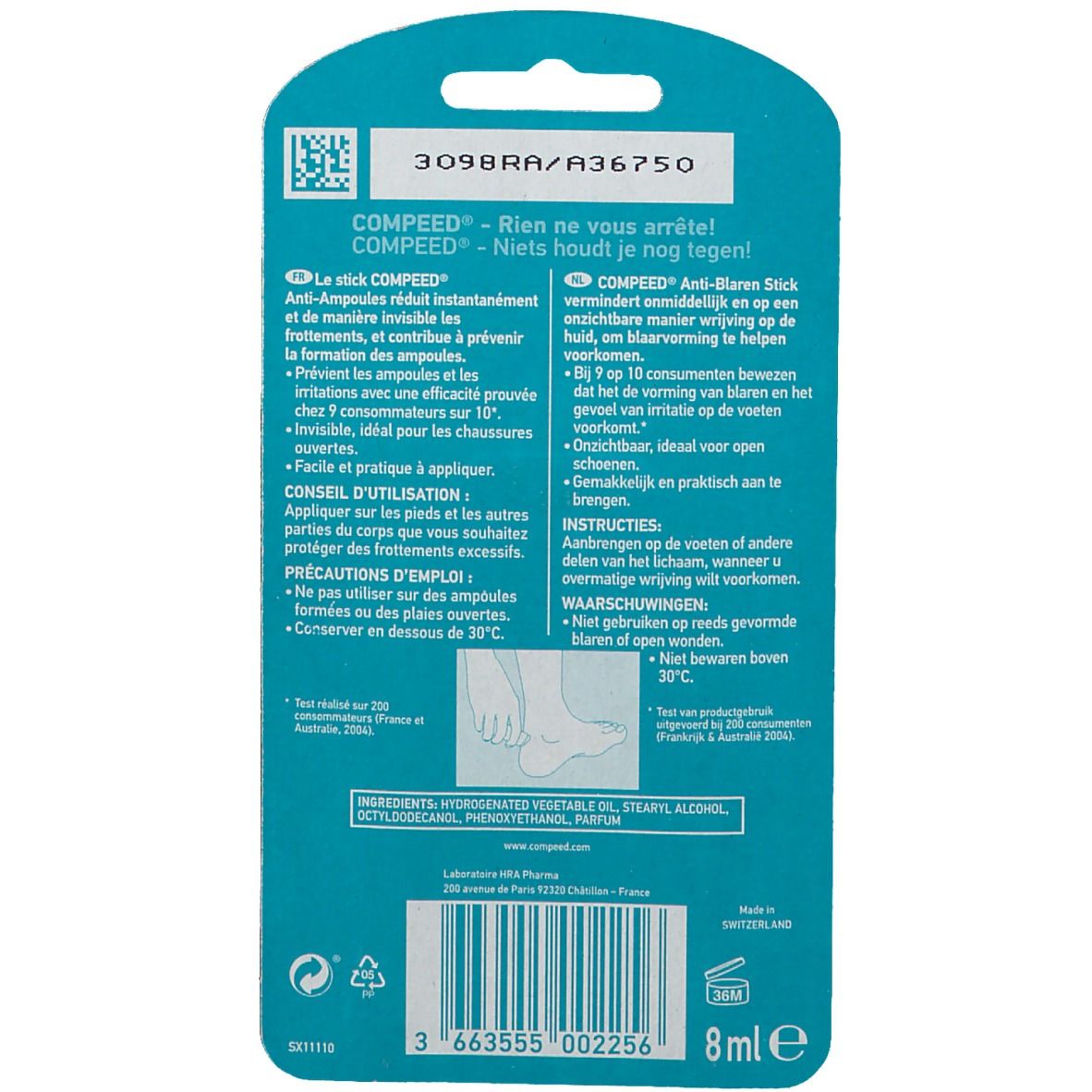 Rückseite der COMPEED® Anti-Blasen Stick Verpackung. Text und Produktinformationen in mehreren Sprachen. 8ml.