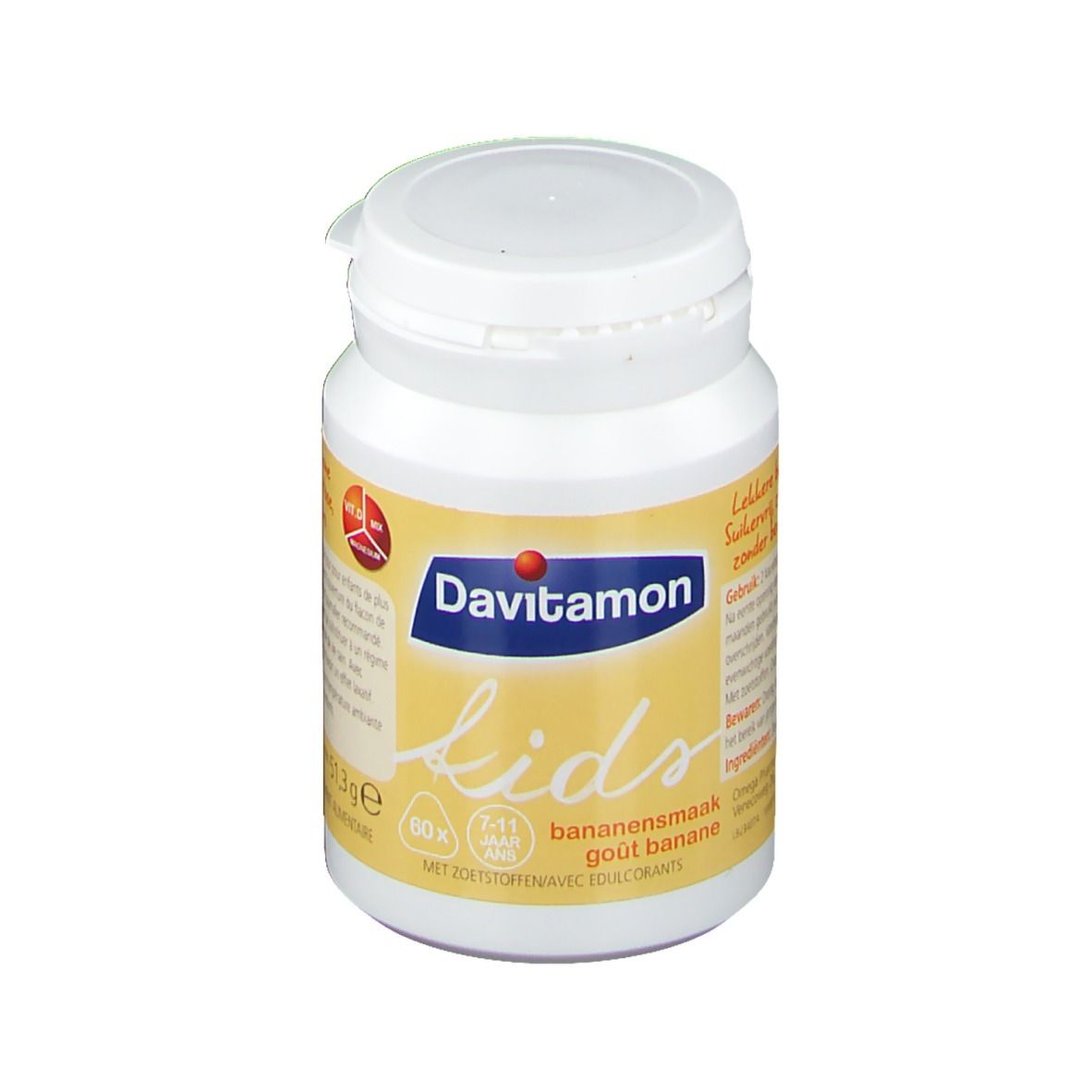 Witte fles Davitamon Kids Banane. Geel etiket met productinformatie. Dop bovenop.