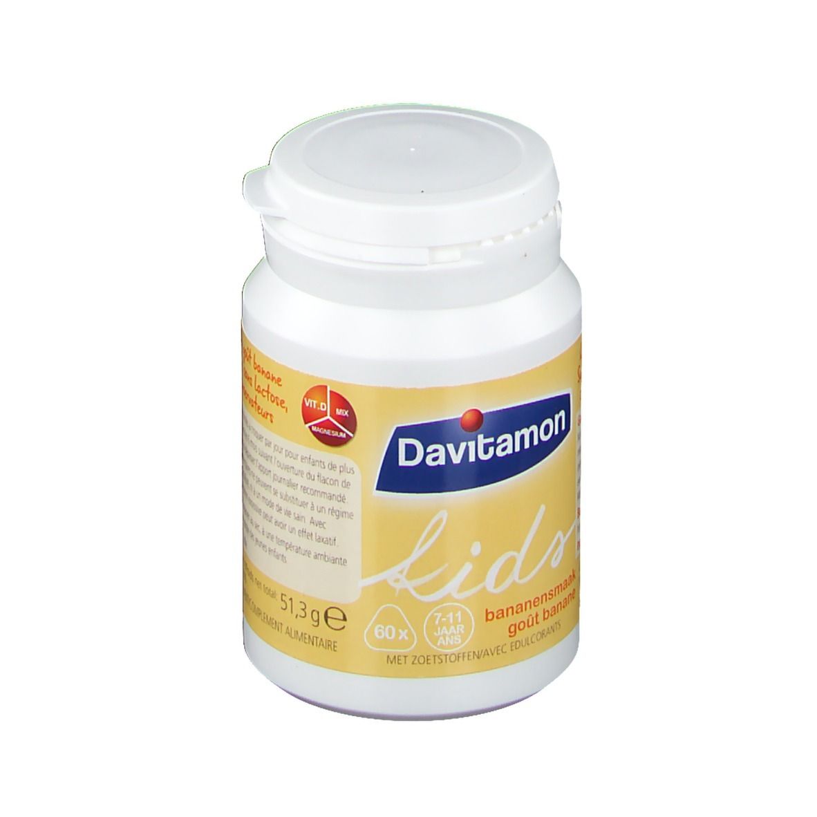 Witte fles Davitamon Kids Banane. Geel etiket met tekst. Witte dop. 51,3g.