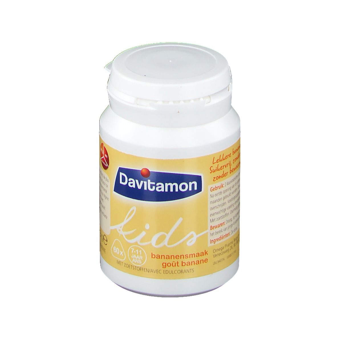 Witte fles Davitamon Kids Banane. Geel etiket met tekst. Witte dop.