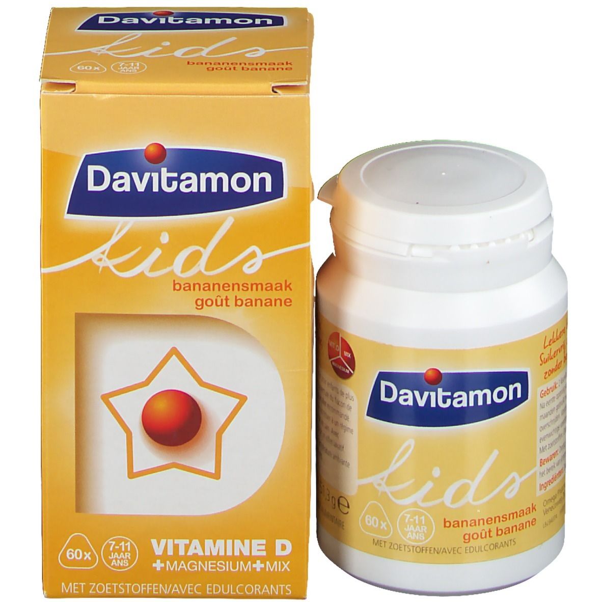 Davitamon Kids Banane fles en doos. Geel met tekst en ster. 60 tabletten.
