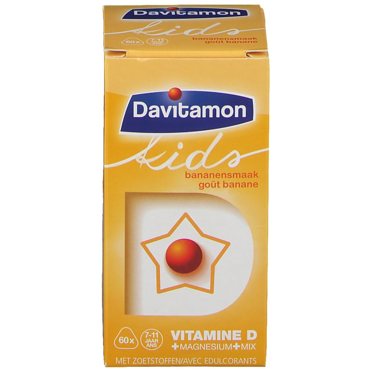 Gele doos Davitamon Kids Banane. Tekst, ster en productinformatie. 60 tabletten.