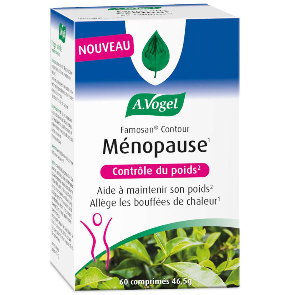 Boîte blanche avec inscription : A. Vogel Famosan Ménopause. 60 comprimés. Logo vert et blanc. Bannière rose.