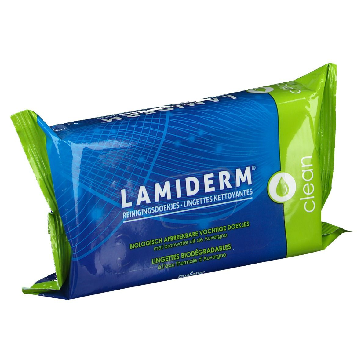Paquet de lingettes nettoyantes. Emballage bleu et vert avec logo Lamiderm et texte. 'Clean' et symbole goutte.