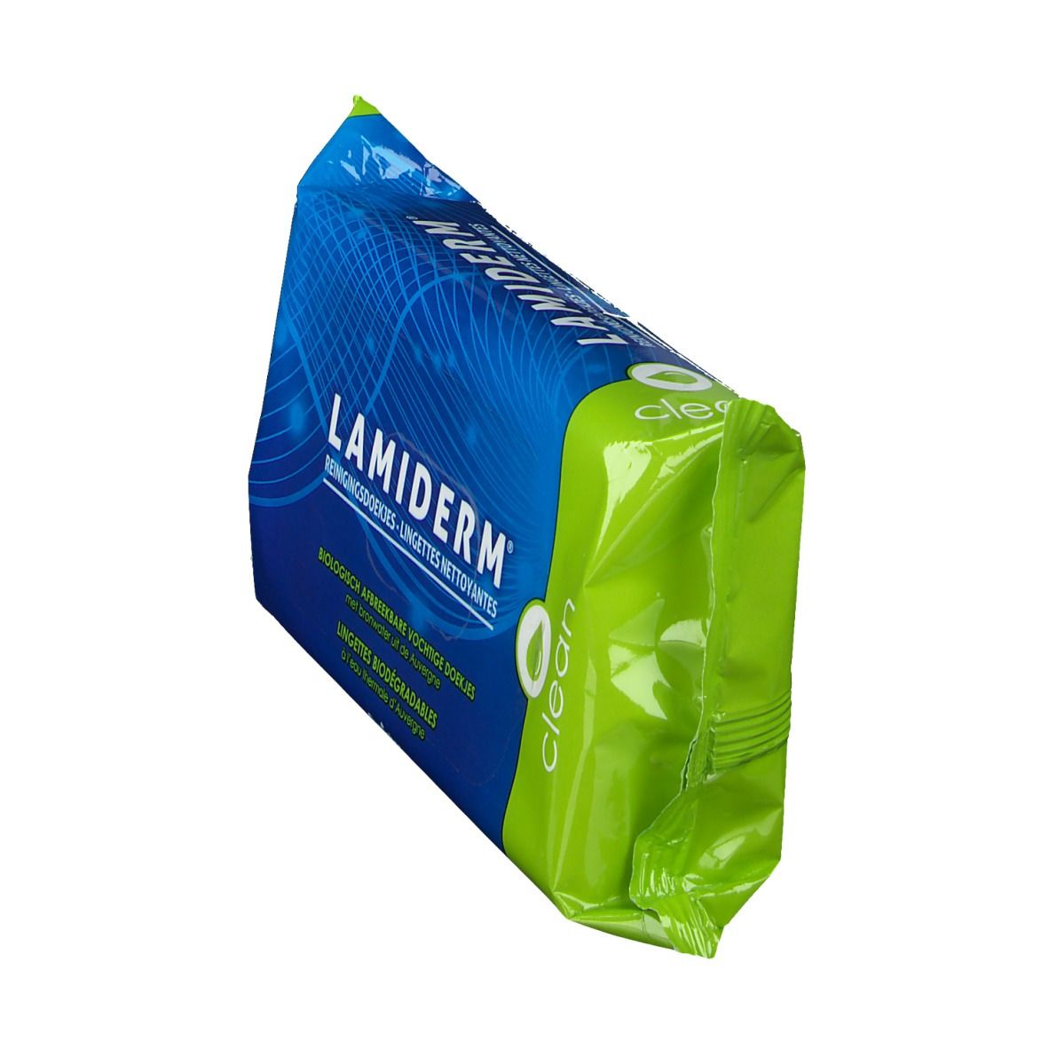 Vue en biais du paquet de lingettes nettoyantes. Emballage bleu et vert avec logo Lamiderm. 'Clean' et symbole goutte.