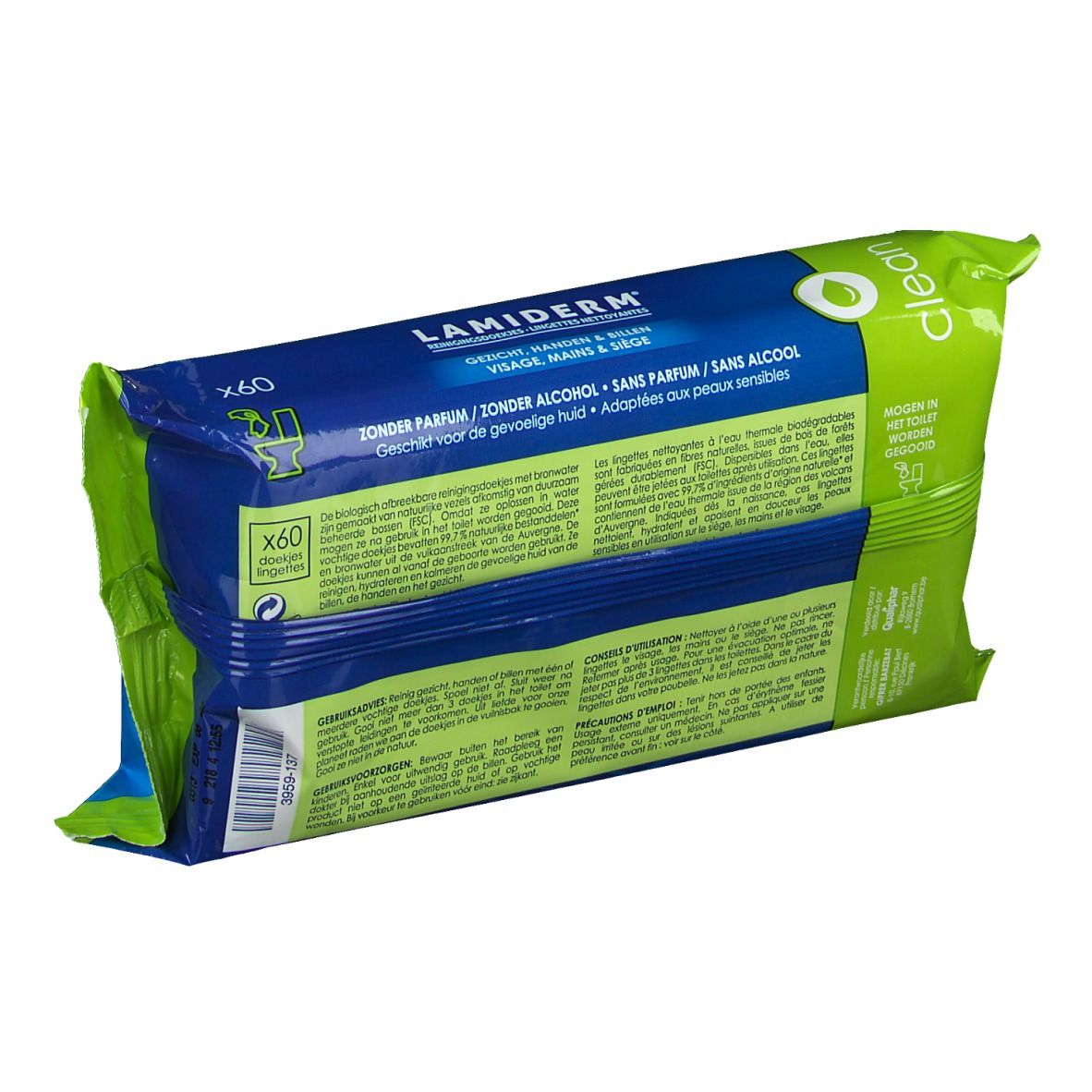 Dos du paquet de lingettes nettoyantes. Emballage bleu et vert avec texte et logo. '60' et symbole goutte.