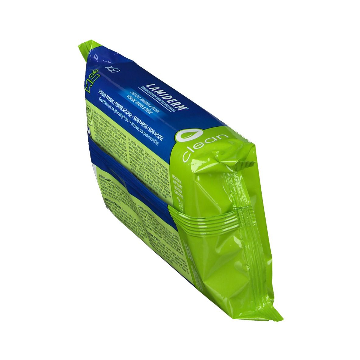 Vue en biais du paquet de lingettes nettoyantes. Emballage bleu et vert avec texte et logo. 'Clean' et symbole goutte.