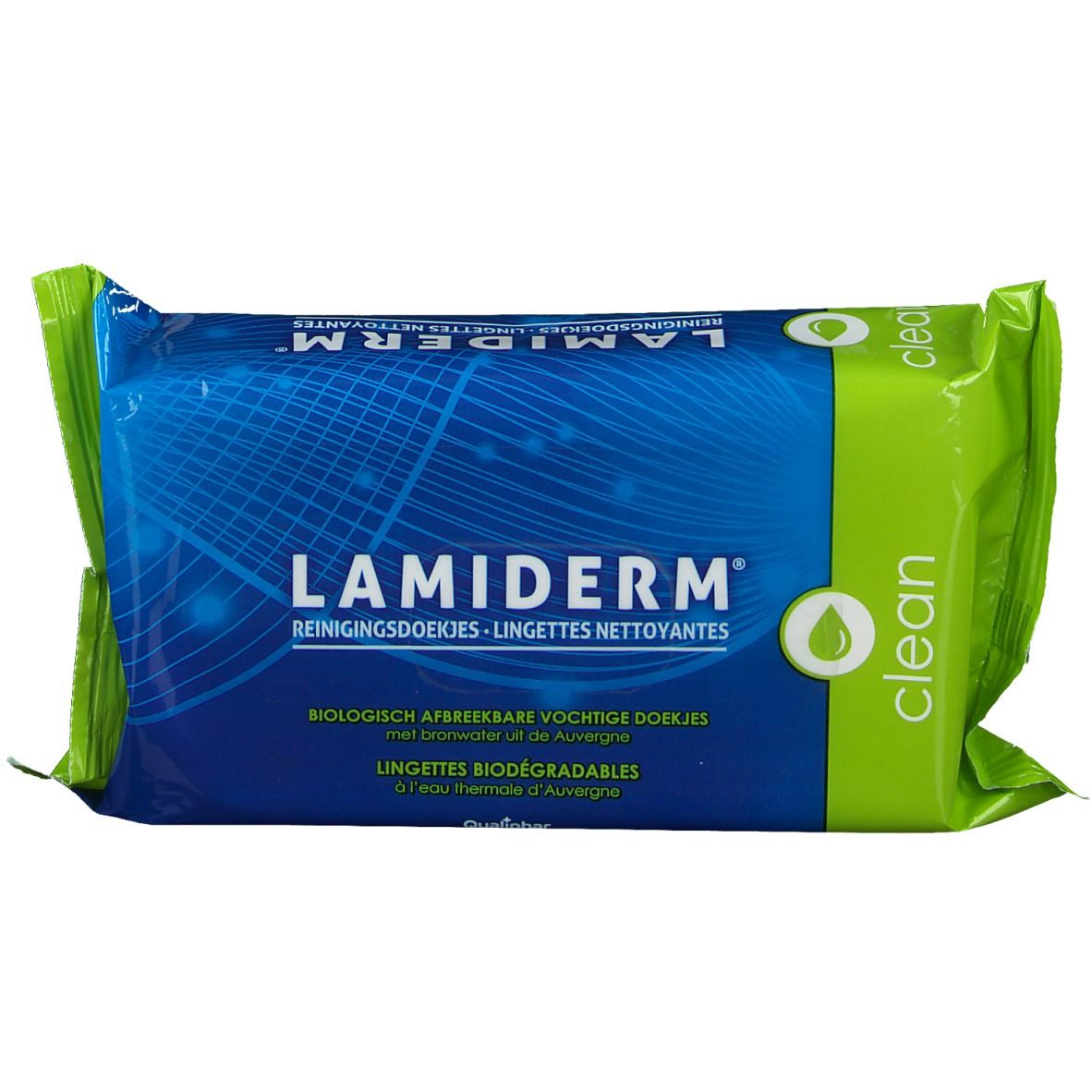 Paquet de lingettes nettoyantes. Emballage bleu et vert avec logo Lamiderm et texte. 'Clean' et symbole goutte.