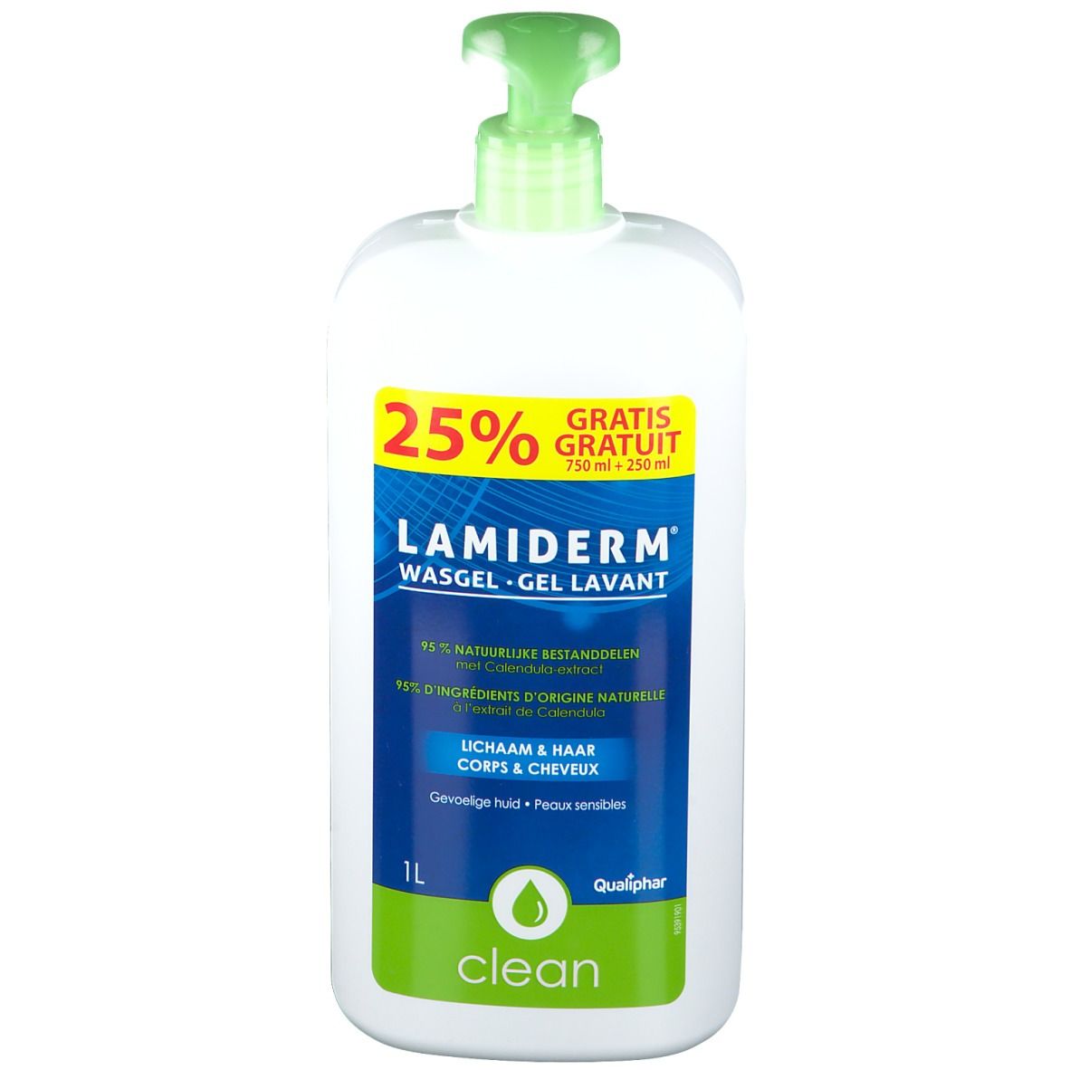 Witte dispenser met groene pomp. Opschrift: LAMIDERM WASGEL-GEL LAVANT. 1L. 25% gratis.