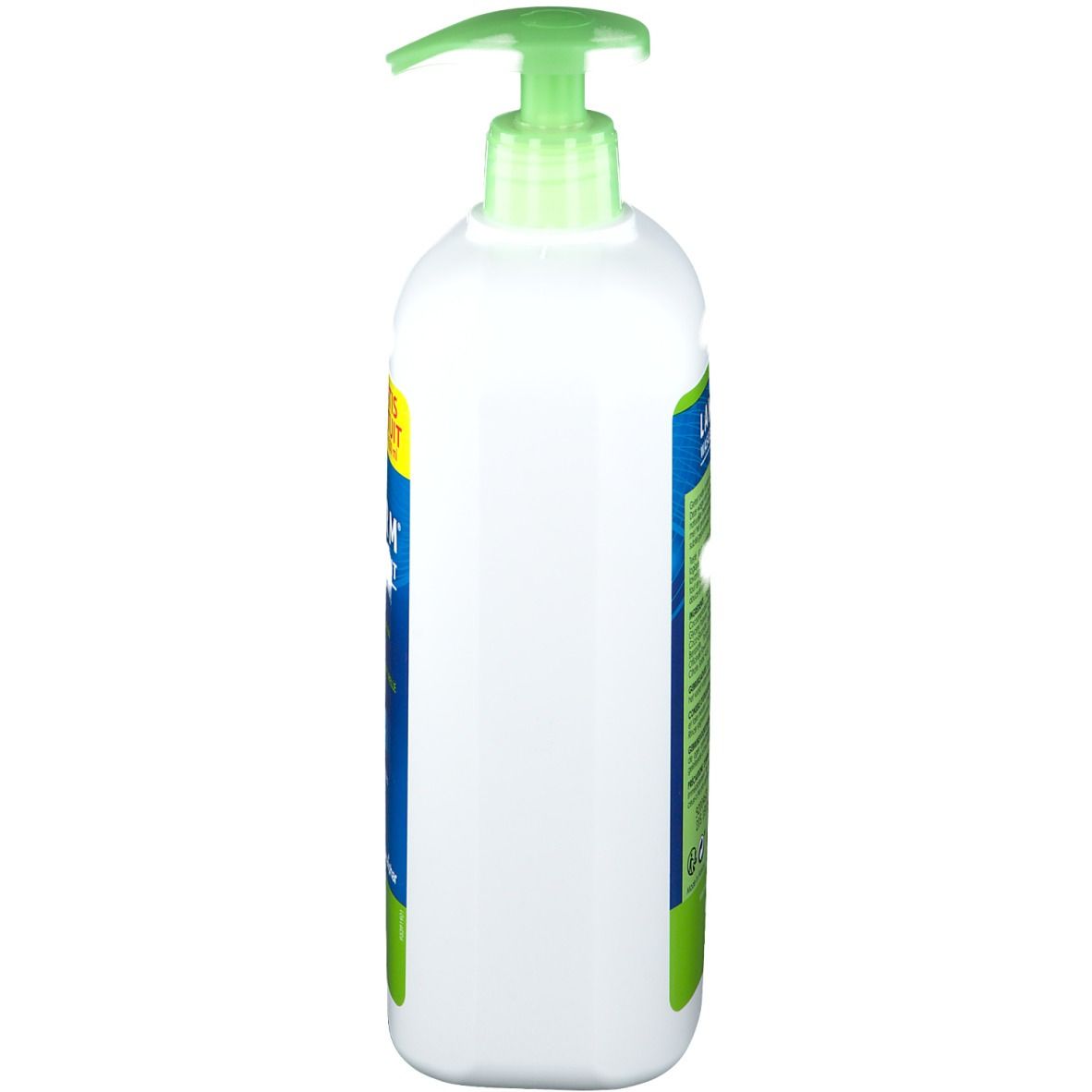 Witte dispenser met groene pomp. Zijaanzicht. Opschrift niet leesbaar.