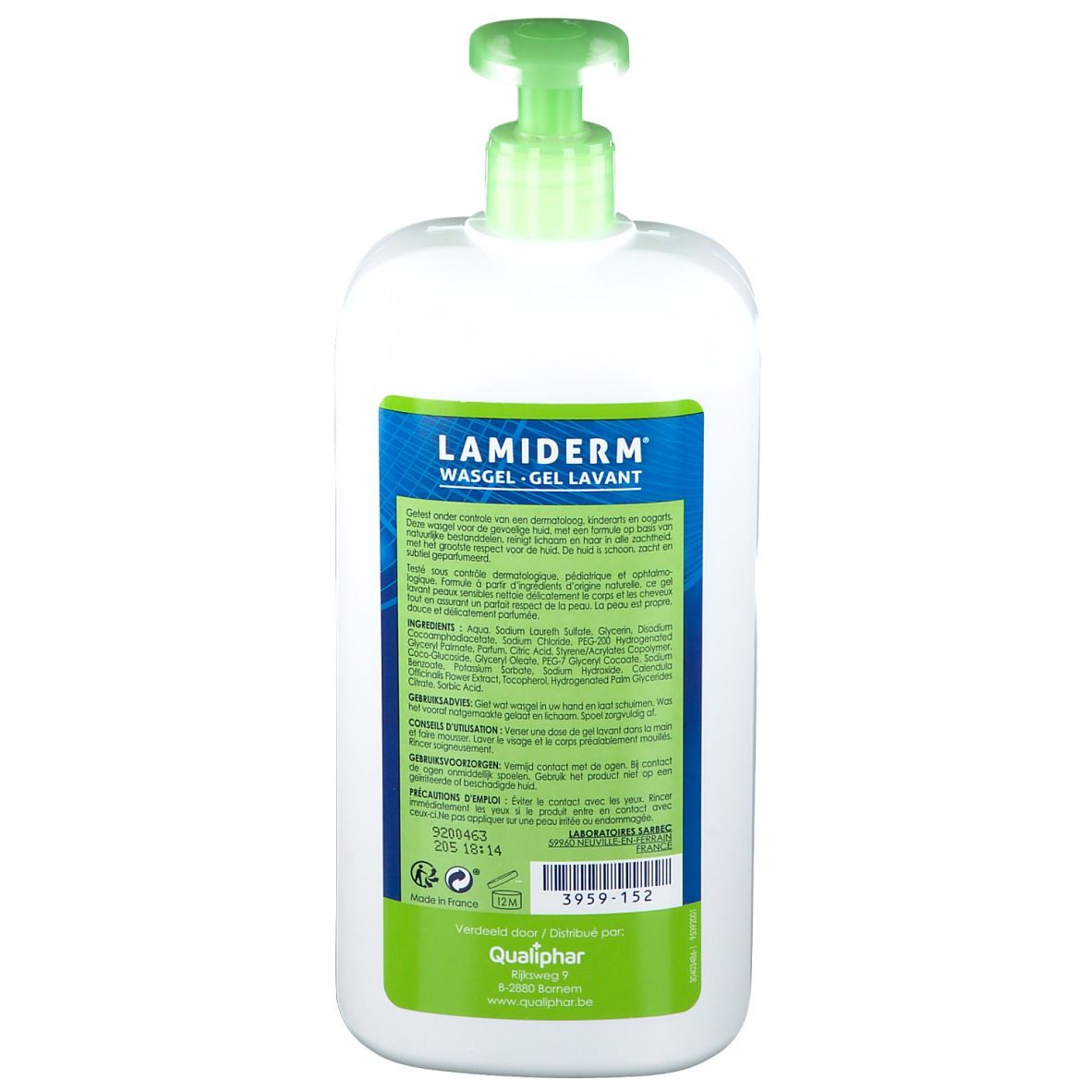 Achterkant van de witte dispenser met groene pomp. Tekst in meerdere talen. Merk: LAMIDERM.