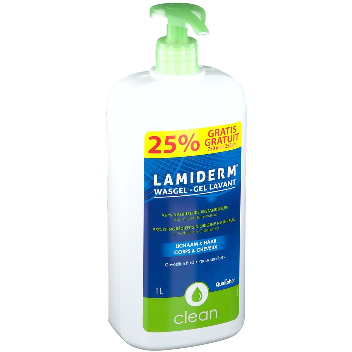 Witte dispenser met groene pomp. Opschrift: LAMIDERM WASGEL-GEL LAVANT. 1L. 25% gratis.
