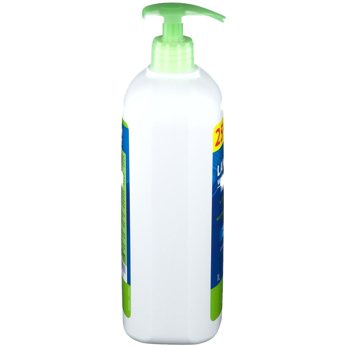 Witte dispenser met groene pomp. Zijaanzicht. Opschrift niet leesbaar.