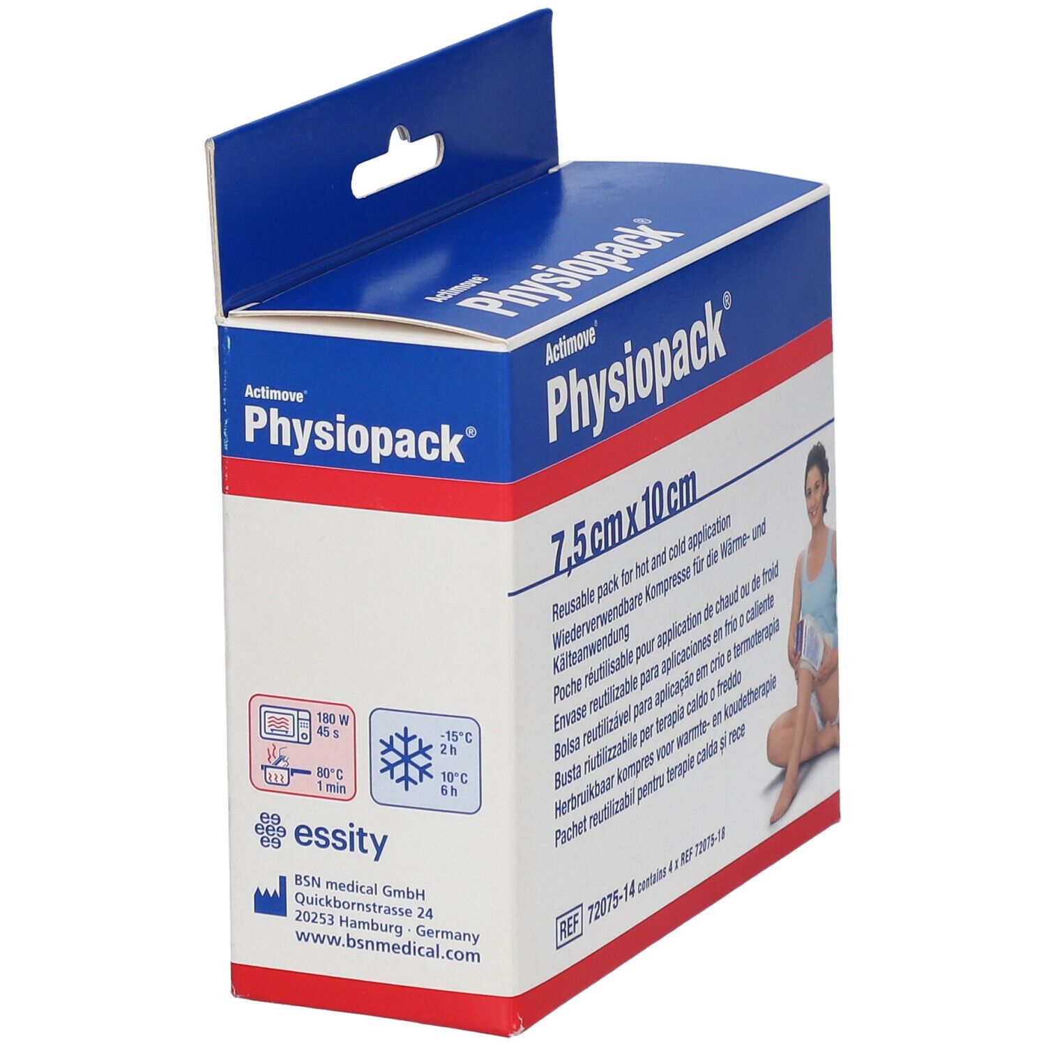 Emballage Actimove Physiopack, 7,5 cm x 10 cm. Compresse réutilisable. Symboles micro-ondes et congélateur. BSN medical GmbH.