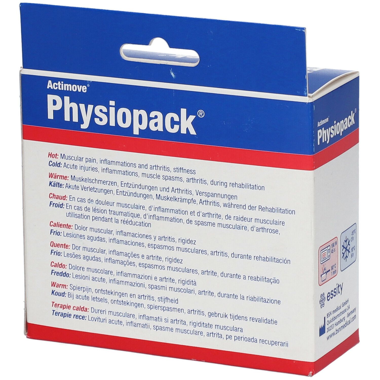 Dos de l'emballage Actimove Physiopack. Liste des utilisations pour le chaud et le froid. Marquage CE.