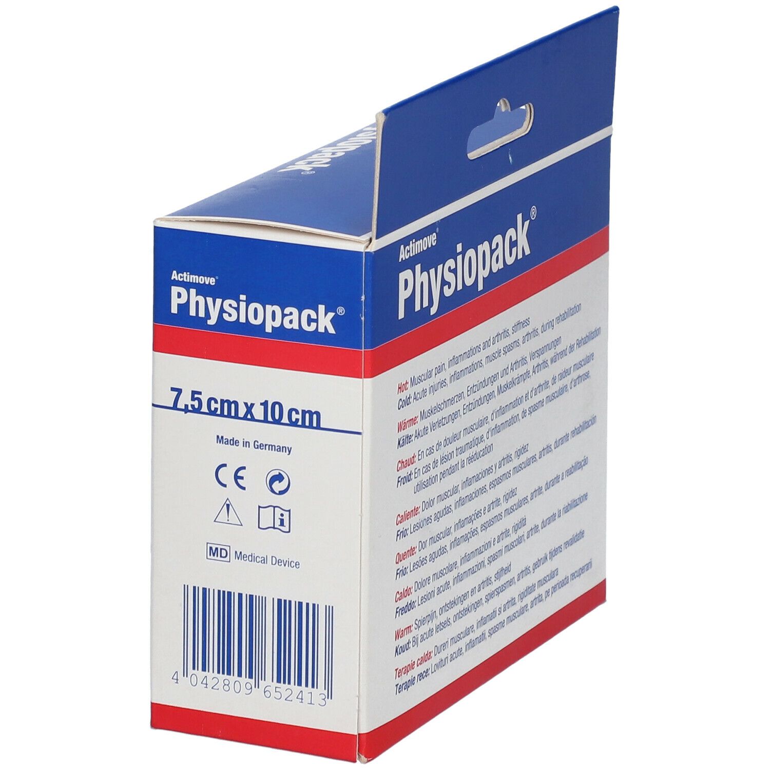 Emballage Actimove Physiopack, 7,5 cm x 10 cm. Marquage CE. Symbole MD Medical Device. Code-barres.