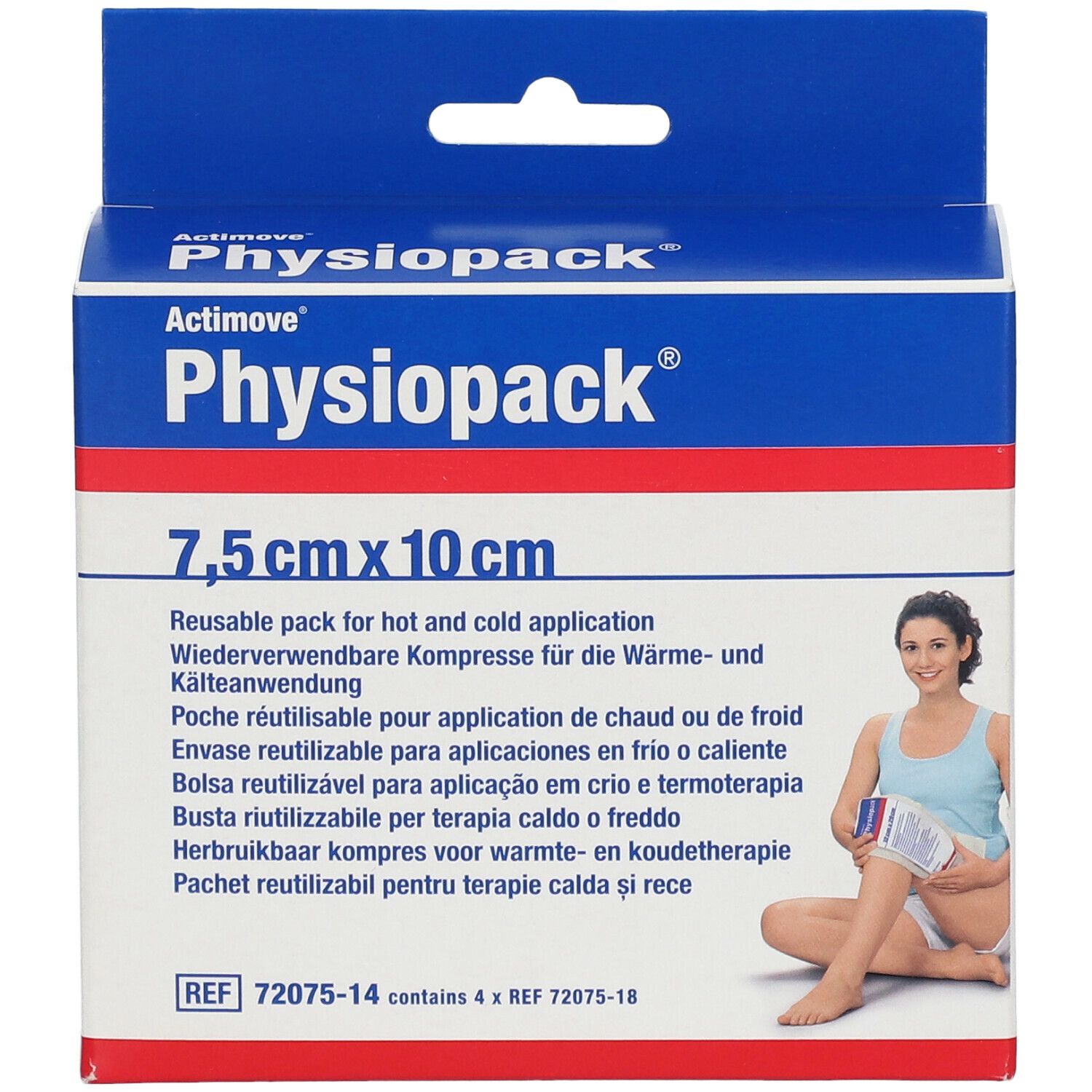 Emballage Actimove Physiopack, 7,5 cm x 10 cm. Compresse réutilisable pour application chaude ou froide. Femme tenant la compresse.