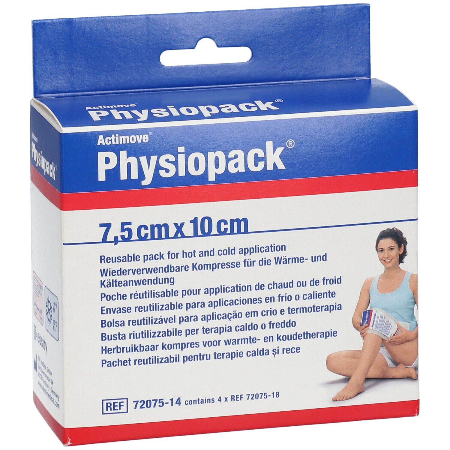 Emballage Actimove Physiopack, 7,5 cm x 10 cm. Compresse réutilisable pour application chaude ou froide. Femme tenant la compresse.