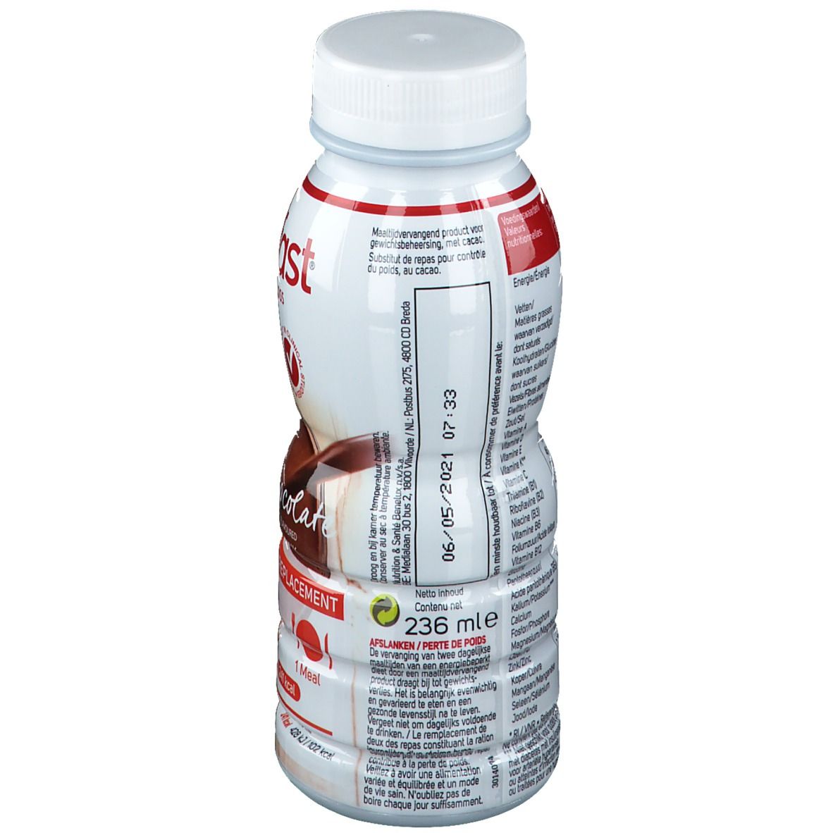 Dos de la bouteille Modifast Drinkmeal Chocolat. Texte multilingue. Contient des informations nutritionnelles et des ingrédients.