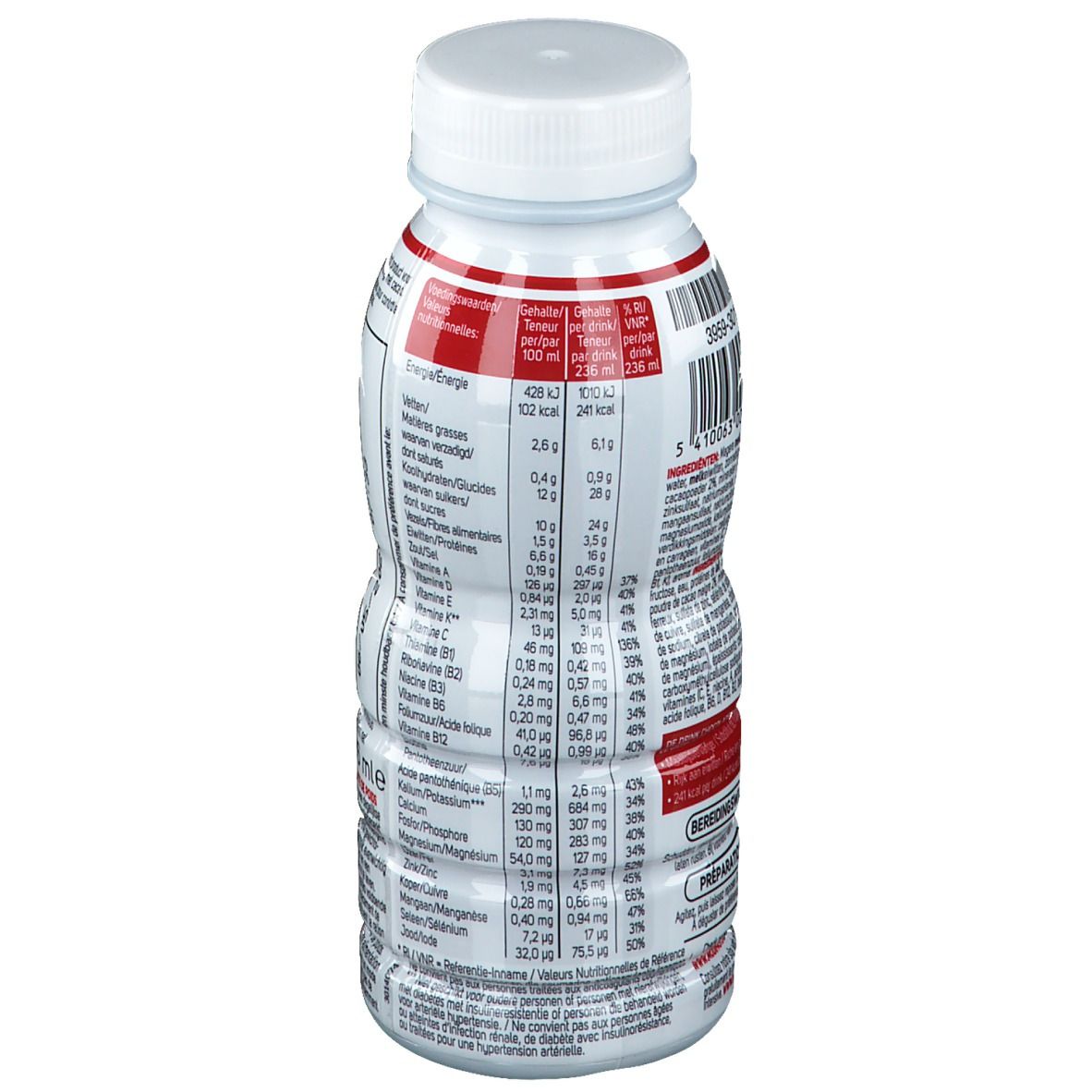 Dos de la bouteille Modifast Drinkmeal Chocolat. Informations nutritionnelles sous forme de tableau. Contient vitamines et minéraux.