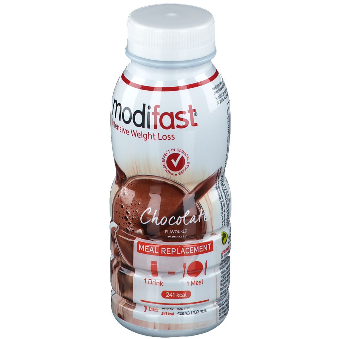 Bouteille Modifast Drinkmeal Chocolat. Design blanc-rouge-brun. Inscription : 'Intensive Weight Loss', 'Chocolat'.