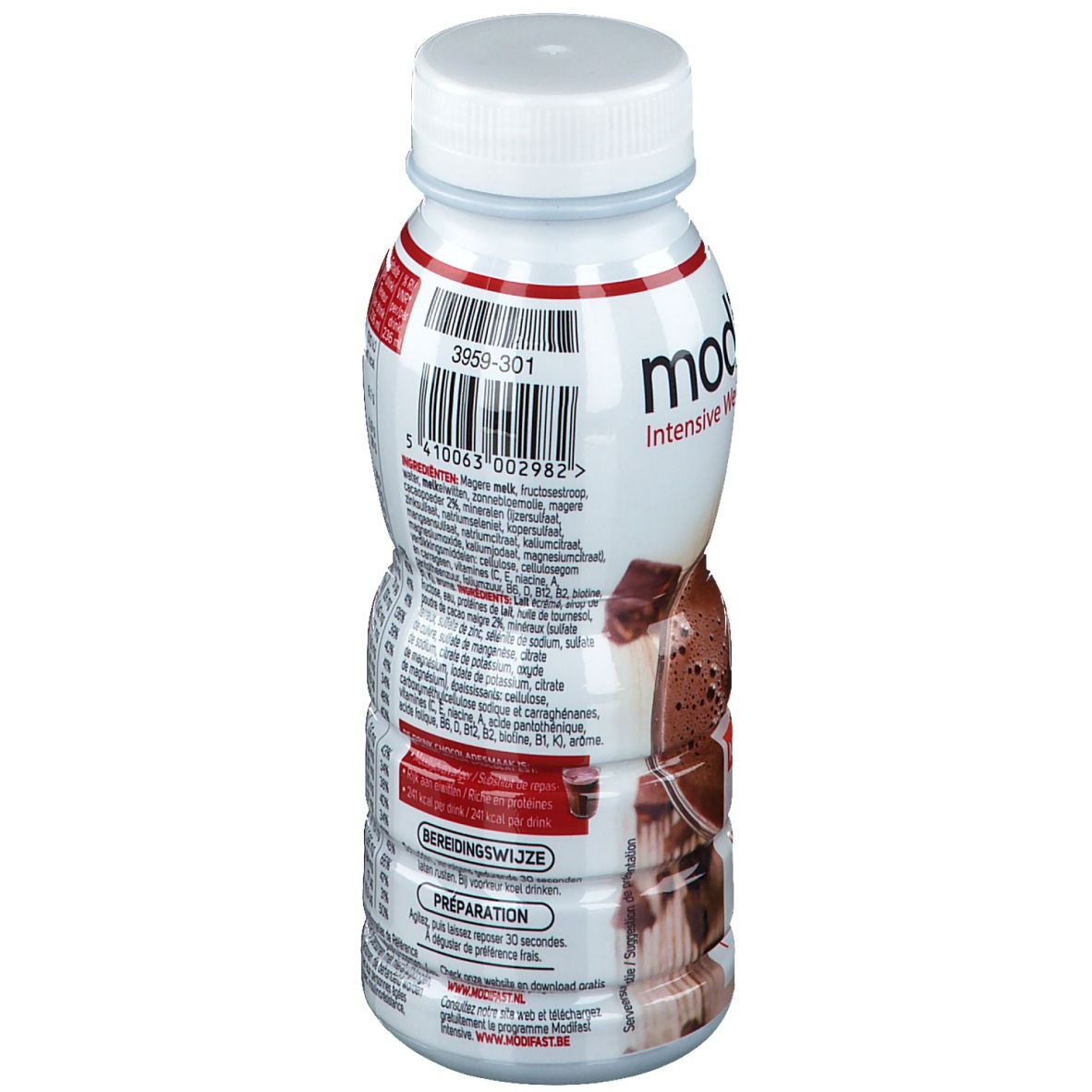 Dos de la bouteille Modifast Drinkmeal Chocolat. Code-barres et texte. Contient des informations sur les ingrédients et la préparation.
