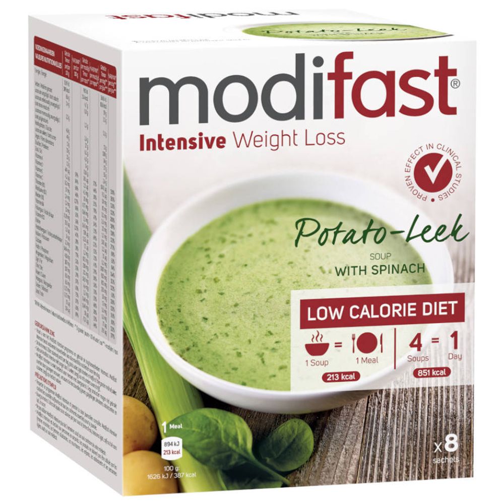 Modifast® Intensive Weight Loss Suppe Kartoffel-Lauch-Spinat. Karton mit Suppe, Gemüse und Logo.