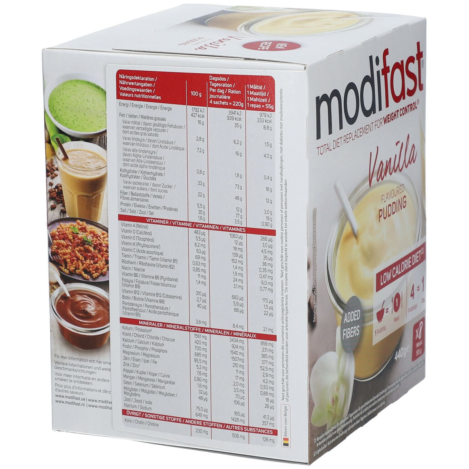 Rückseite der modifast® Pudding Vanille Verpackung. Nährwertangaben, Vitamin- und Mineralstofftabellen sind abgebildet.
