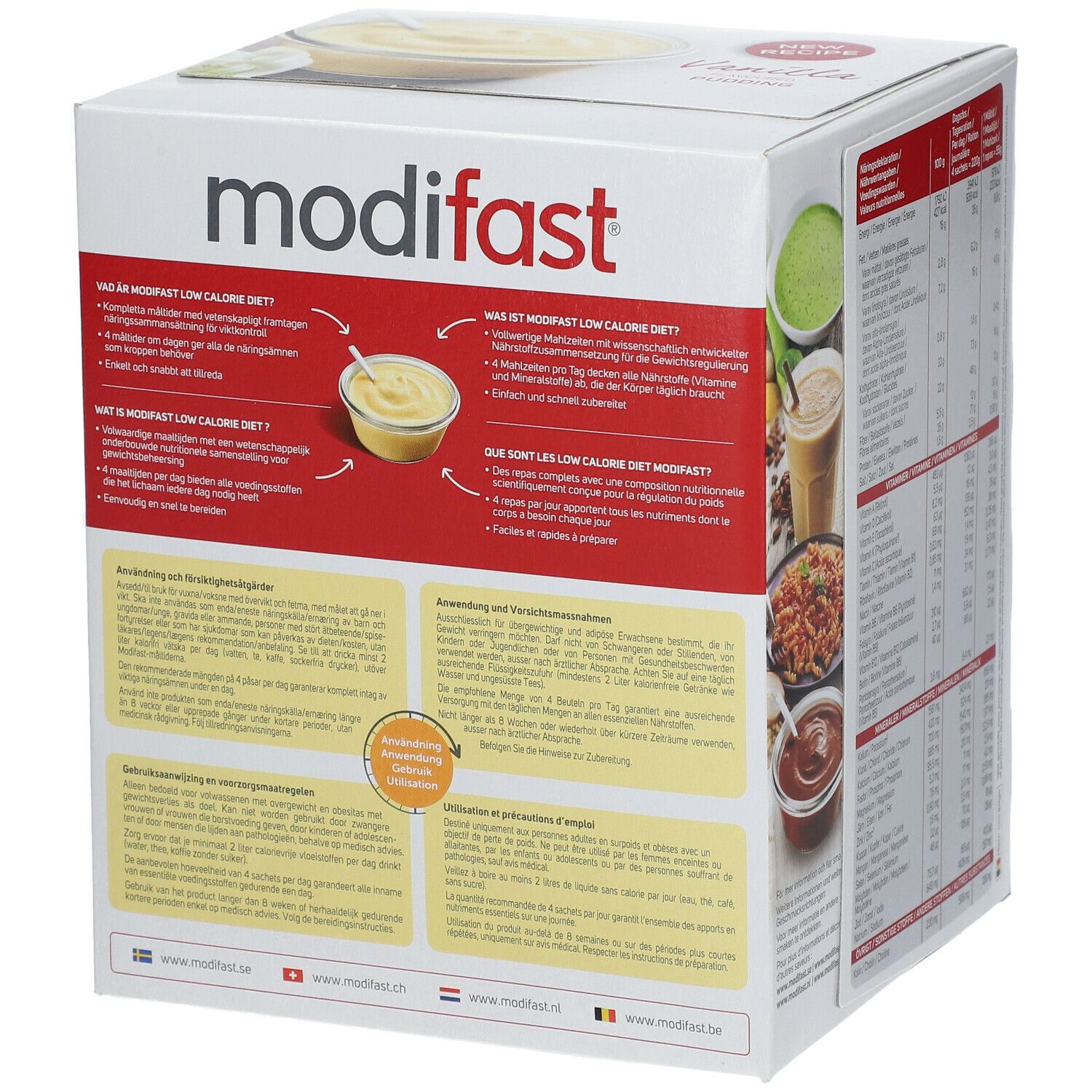 Seite der modifast® Pudding Vanille Verpackung. Text: Was ist modifast Low Calorie Diet? Anwendung und Vorsichtsmaßnahmen.
