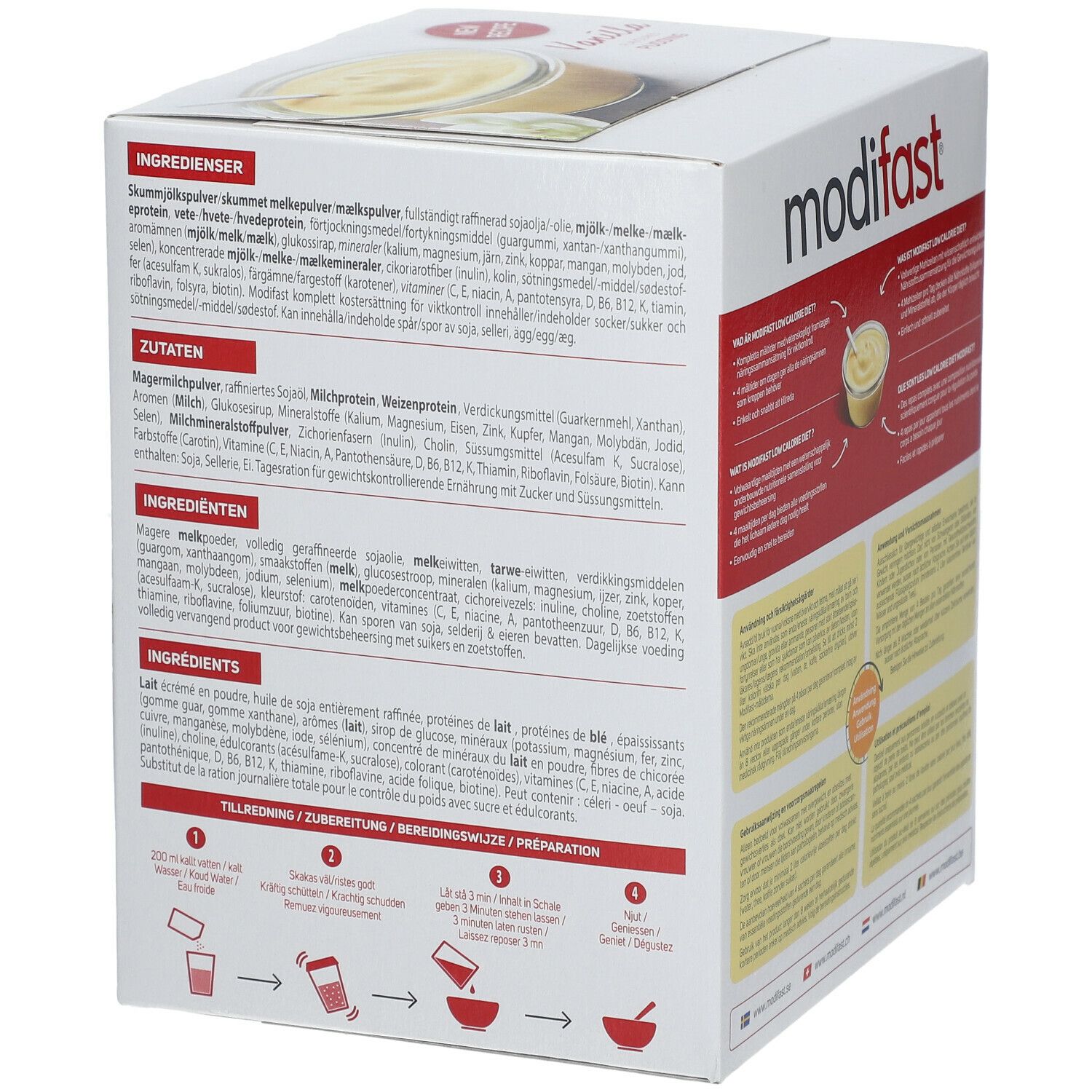 Seite der modifast® Pudding Vanille Verpackung. Zutaten, Inhaltsstoffe und Zubereitungshinweise sind abgebildet.