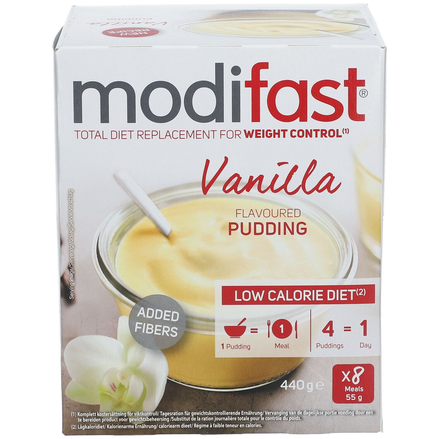Verpackung von modifast® Pudding Vanille. Aufdruck: Total Diet Replacement for Weight Control, Vanille Flavour, Added Fibers.