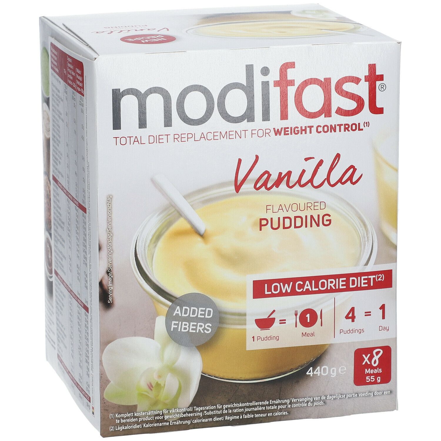 Verpackung von modifast® Pudding Vanille. Aufdruck: Total Diet Replacement for Weight Control, Vanille Flavour, Added Fibers.