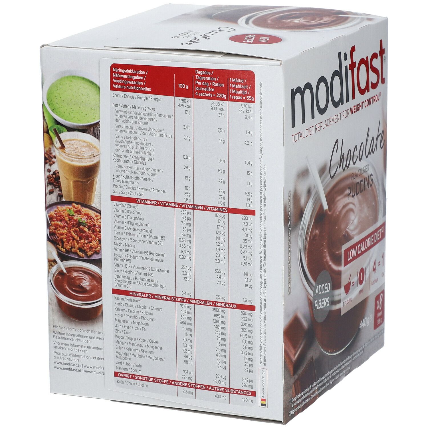 Rückseite der modifast® Intensiv Abnehmen Pudding Schokolade Verpackung. Enthält Nährwertangaben und Abbildungen von Produkten.