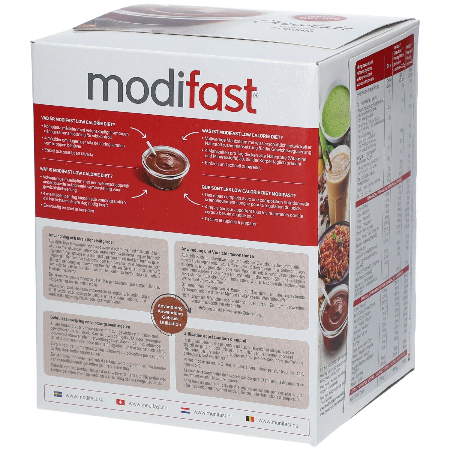 Verpackung von modifast® Intensiv Abnehmen Pudding Schokolade. Text: Was ist modifast® Low Calorie Diet? Anwendungshinweise.