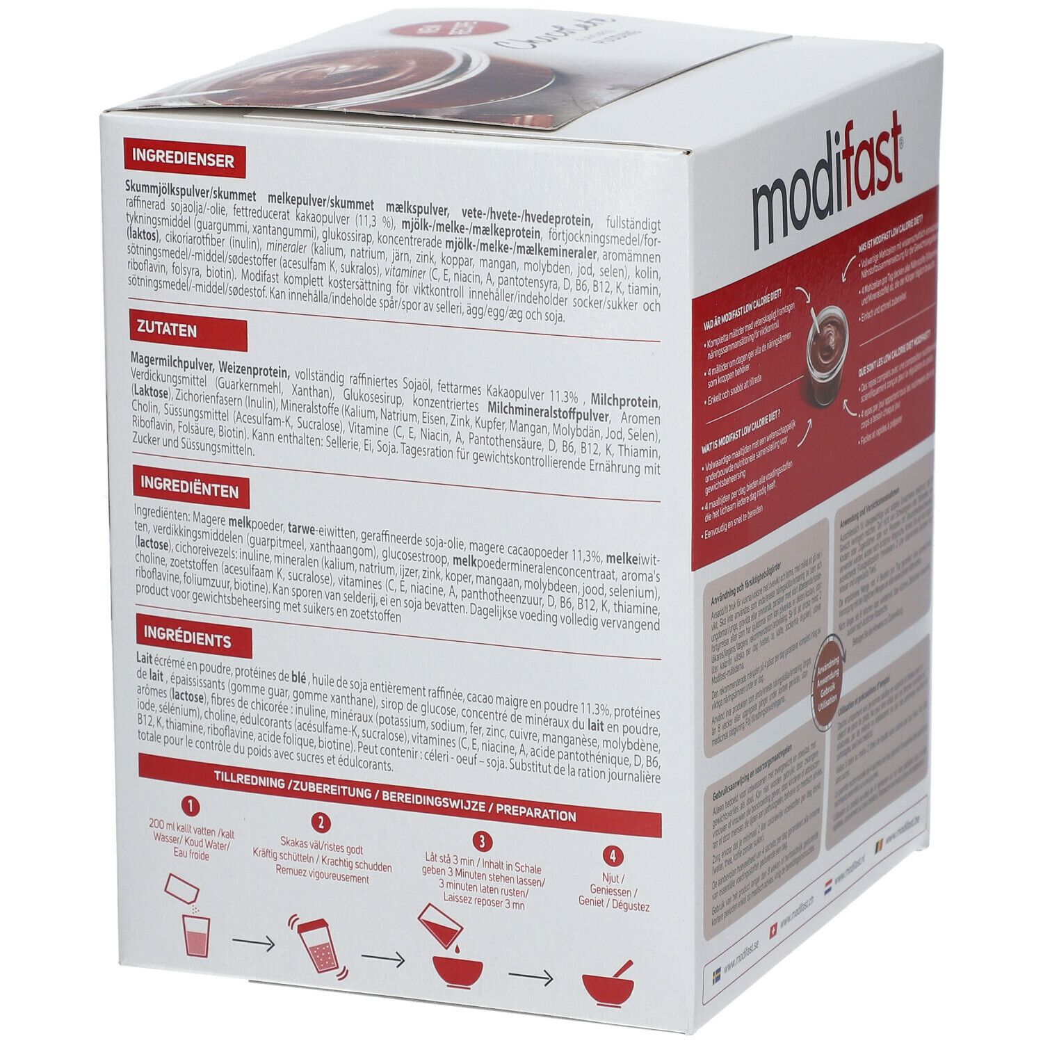 Verpackung von modifast® Intensiv Abnehmen Pudding Schokolade. Zutatenliste in mehreren Sprachen.