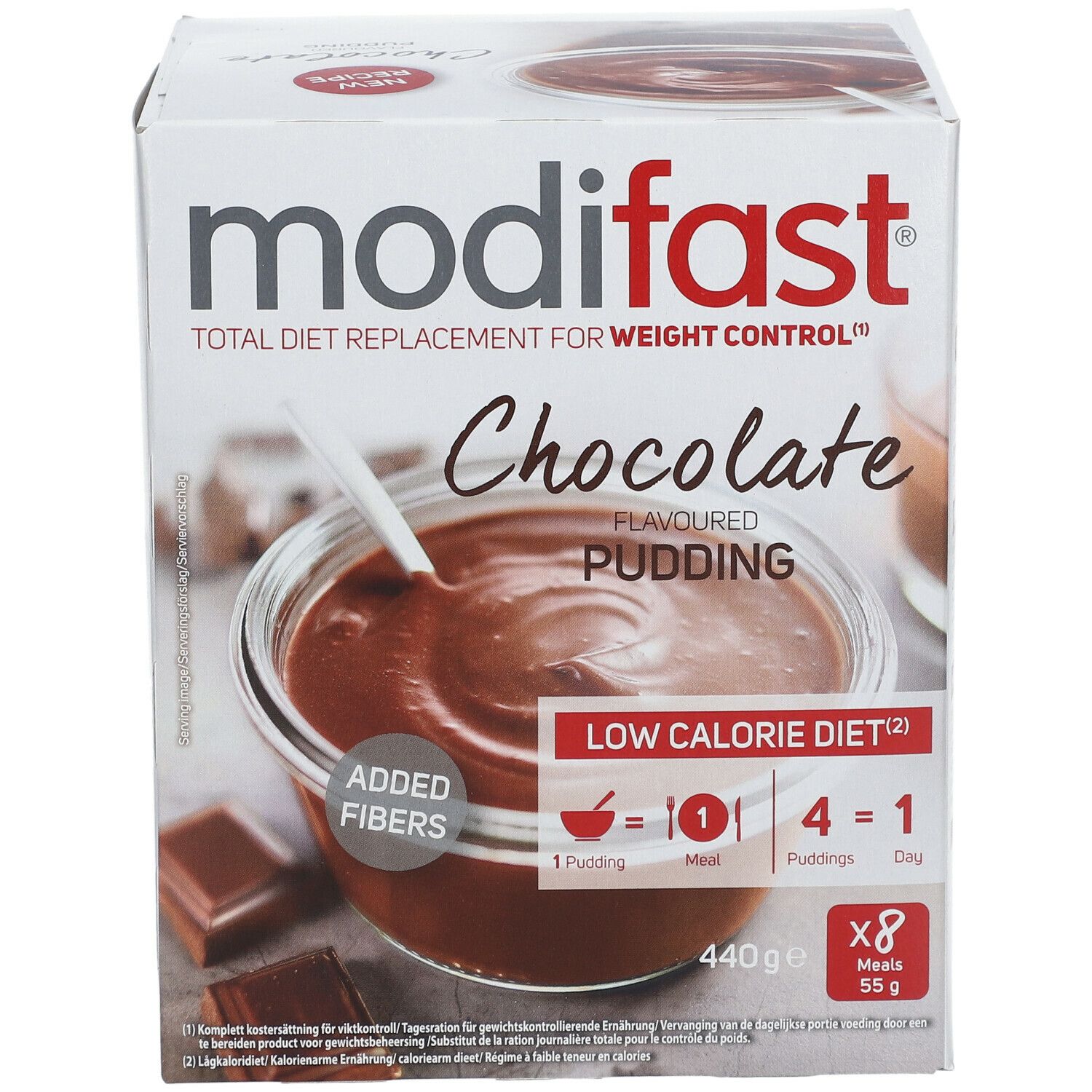 modifast® Intensiv Abnehmen Pudding Schokolade Verpackung. Aufdruck: Schokolade, Pudding, Low Calorie Diet, 8 Mahlzeiten.