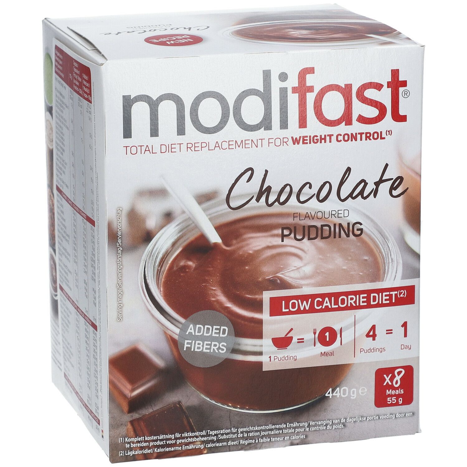 modifast® Intensiv Abnehmen Pudding Schokolade Verpackung. Aufdruck: Schokolade, Pudding, Low Calorie Diet, 8 Mahlzeiten.
