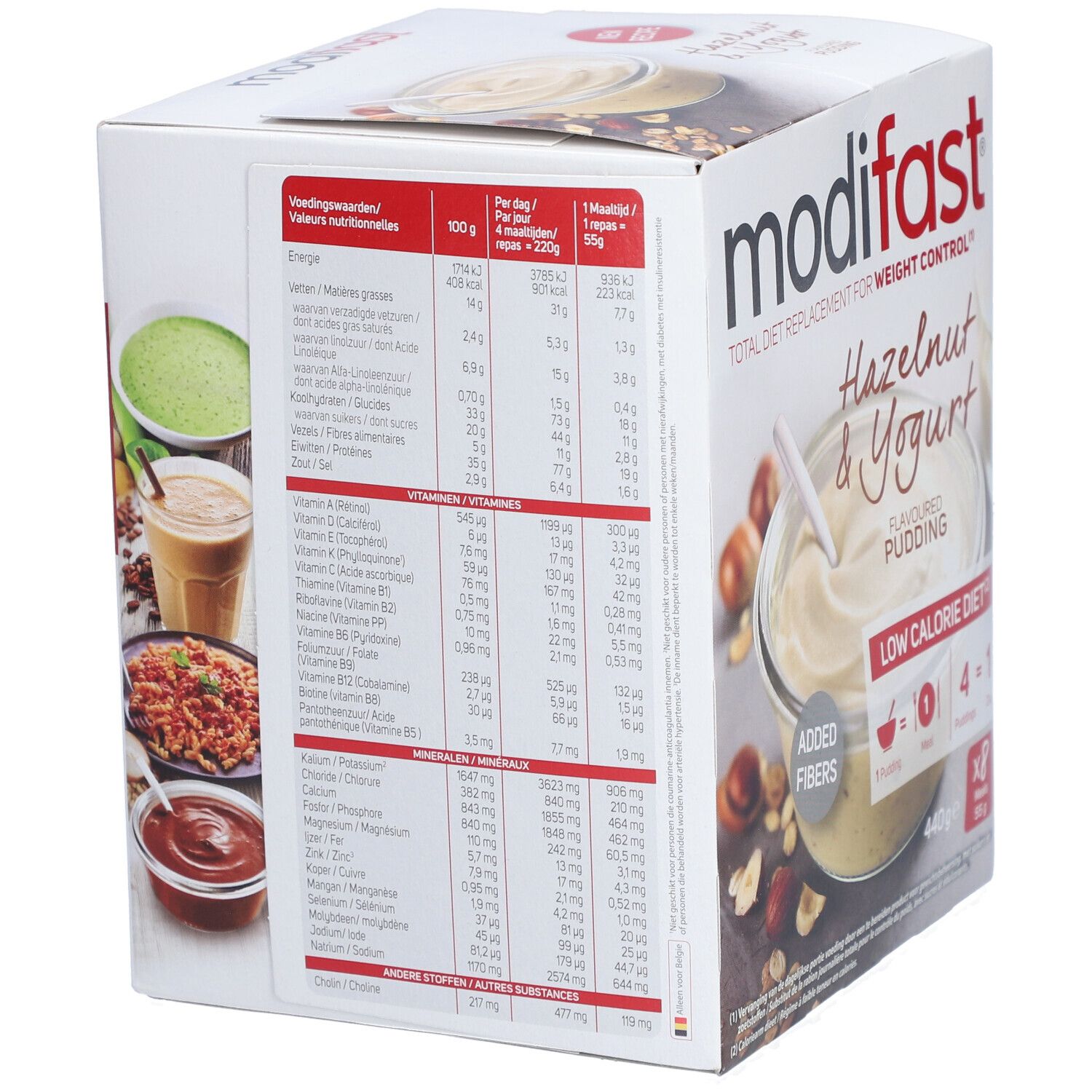 Dos de la boîte Modifast Pudding Yaourt aux Noisettes. Informations nutritionnelles et illustrations.