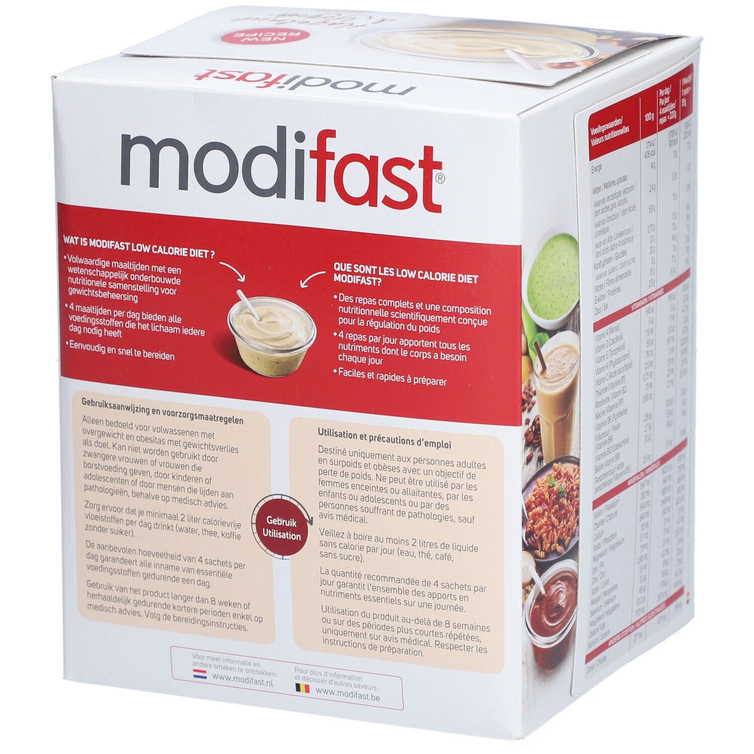 Boîte Modifast Pudding Yaourt aux Noisettes. Texte sur le régime hypocalorique et la préparation.